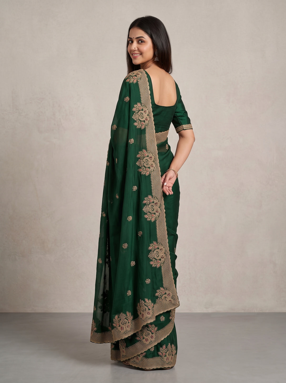 MIMOSA Bottle Green Banarasi Saree — pose 7 styling detail