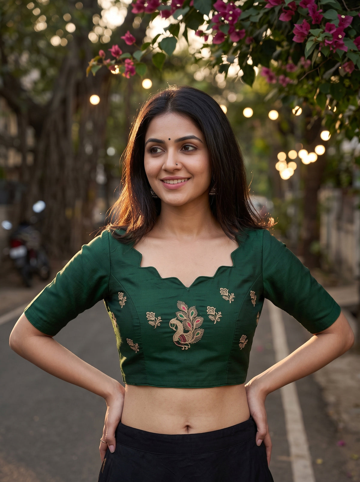 MIMOSA Bottle Green Banarasi Saree — blouse close-up