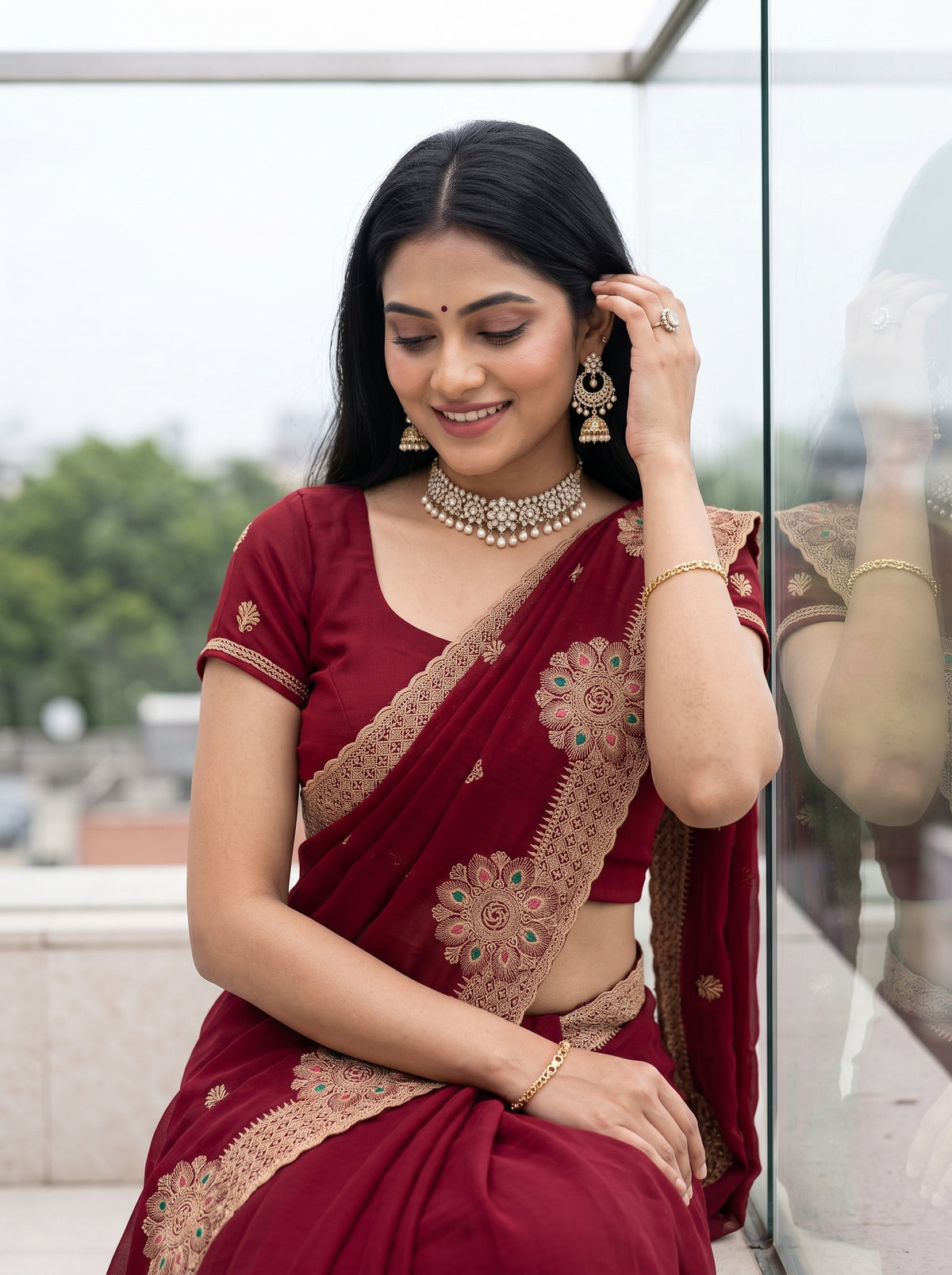 MIMOSA Maroon Banarasi Chiffon Saree — pose 10 styling detail