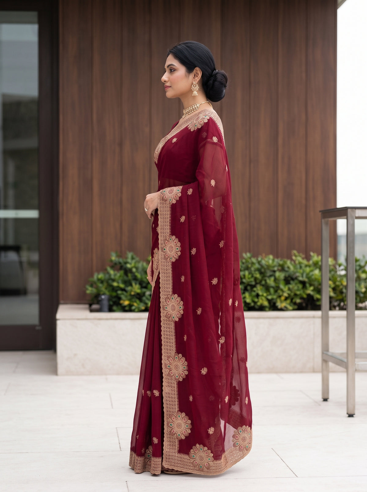 MIMOSA Maroon Banarasi Chiffon Saree — pose 3 styling detail