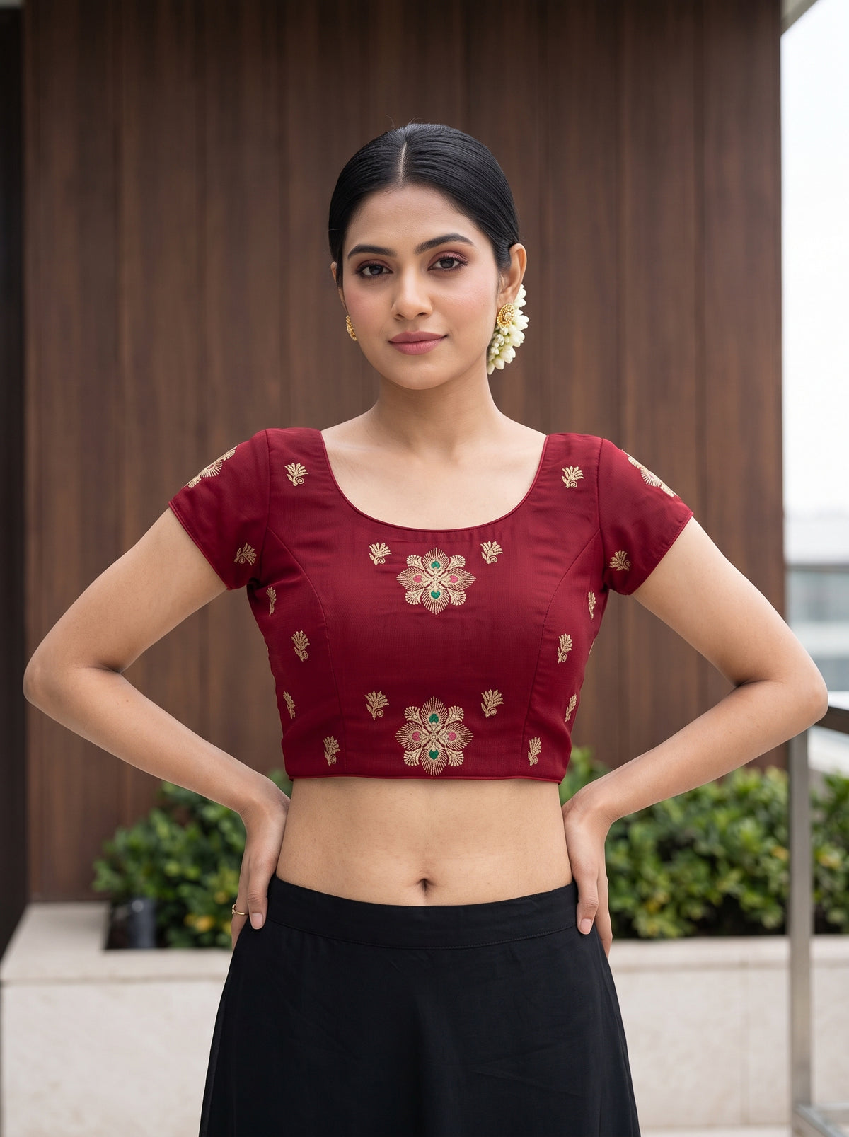 MIMOSA Maroon Banarasi Chiffon Saree — blouse close-up