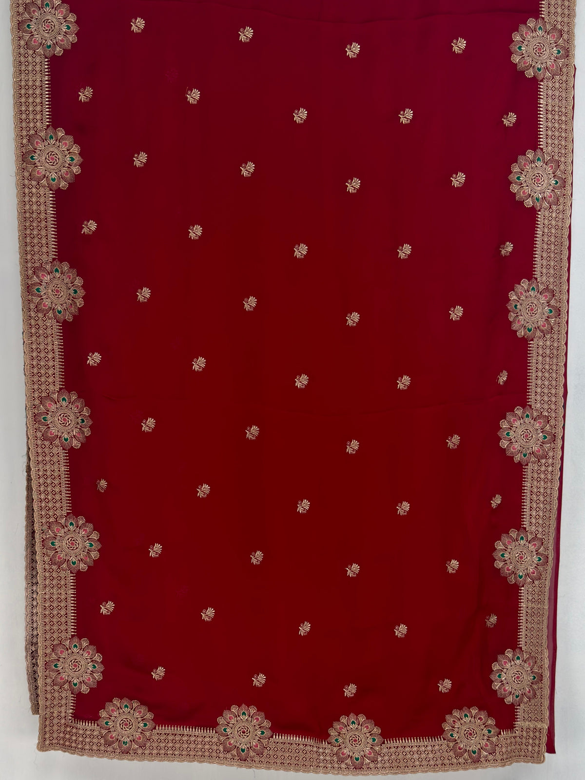 MIMOSA Maroon Banarasi Chiffon Saree — pallu and zari work detail