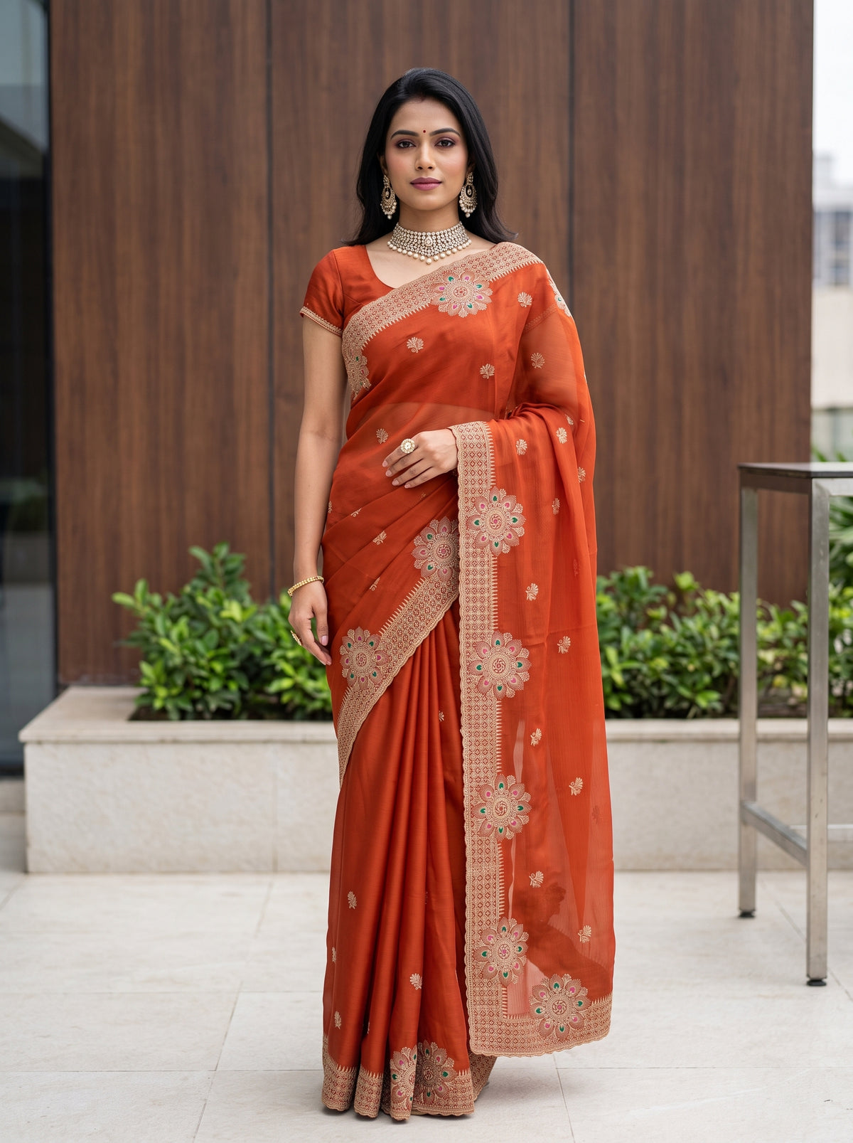 MIMOSA Orange Banarasi Chiffon Saree — AI model lifestyle pose