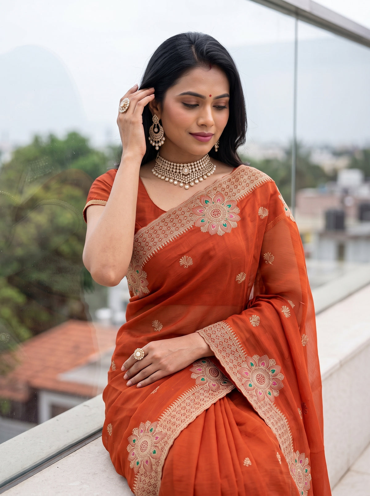 MIMOSA Orange Banarasi Chiffon Saree — pose 10 styling detail
