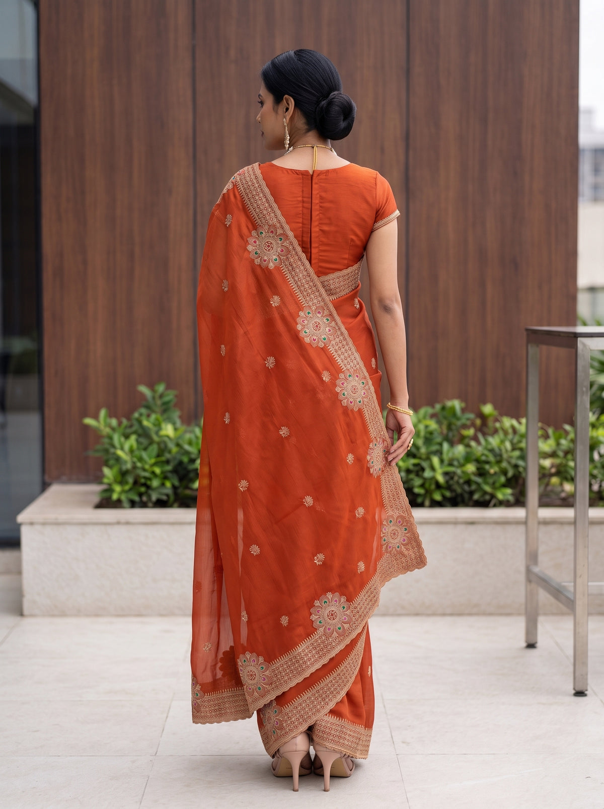 MIMOSA Orange Banarasi Chiffon Saree — full saree shot
