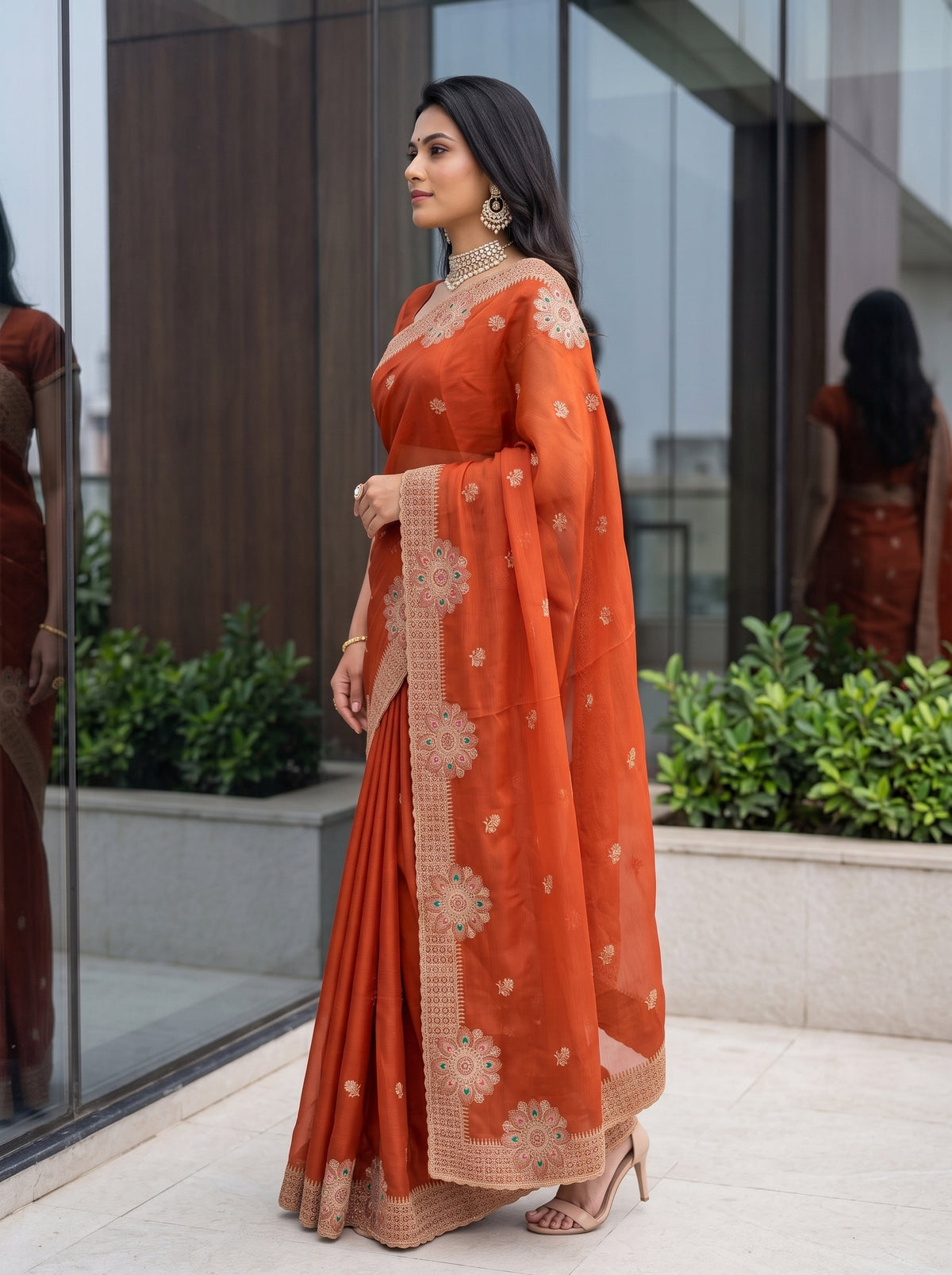 MIMOSA Orange Banarasi Chiffon Saree — pose 3 styling detail
