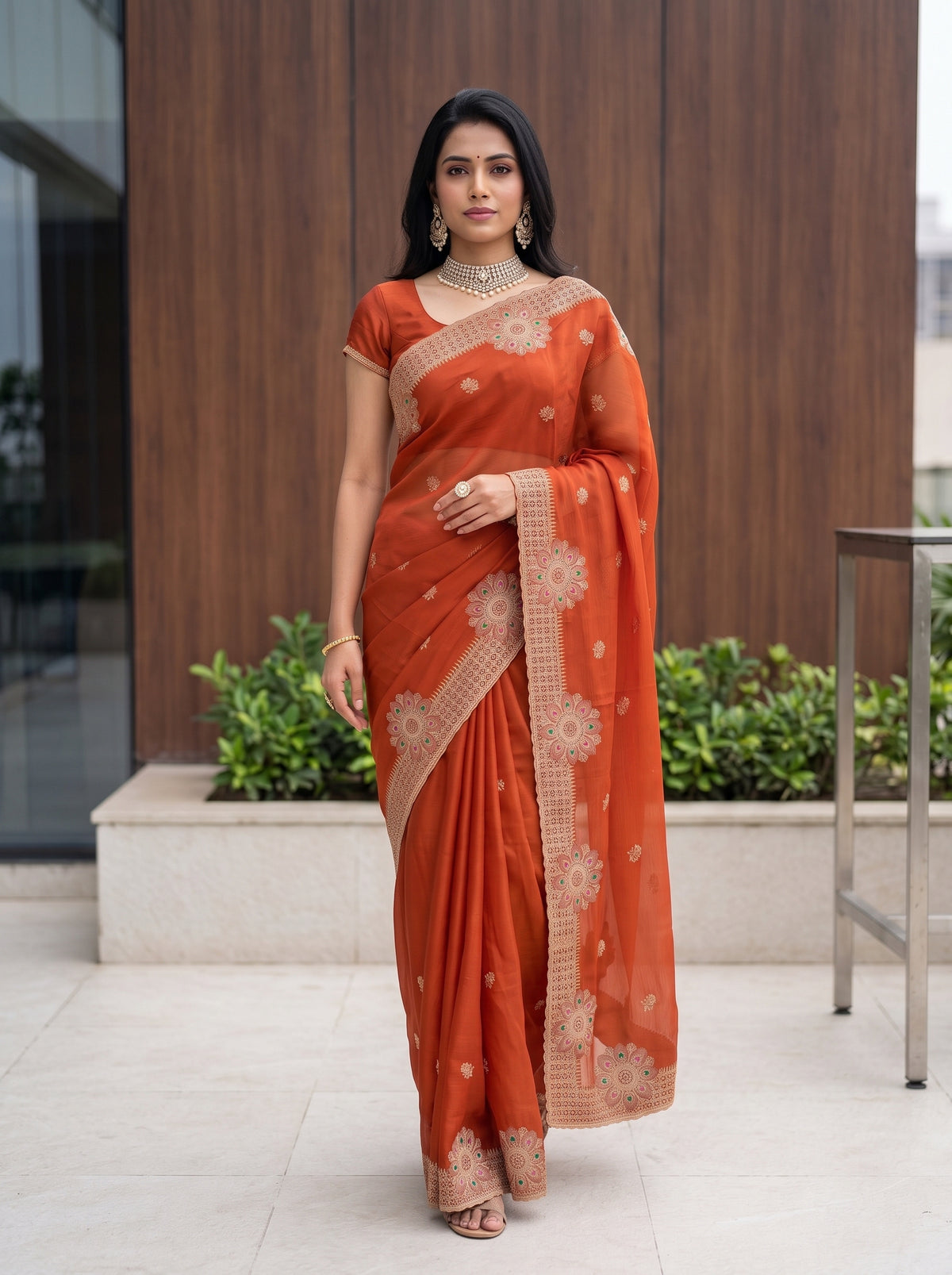 MIMOSA Orange Banarasi Chiffon Saree — pose 6 styling detail