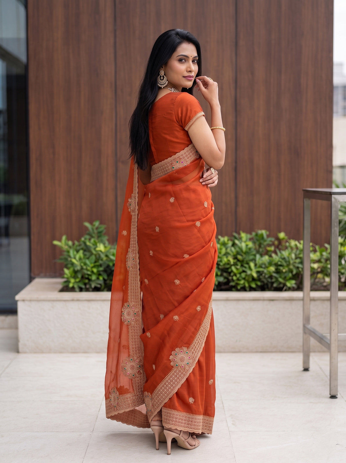 MIMOSA Orange Banarasi Chiffon Saree — pose 7 styling detail