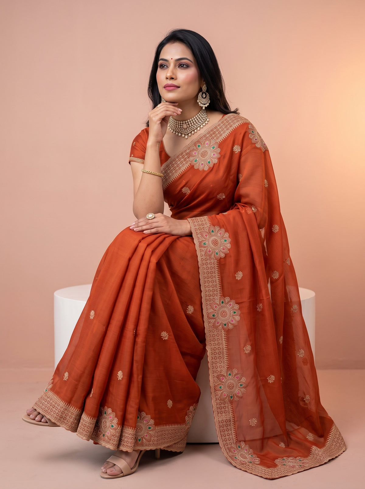 MIMOSA Orange Banarasi Chiffon Saree — pose 8 styling detail