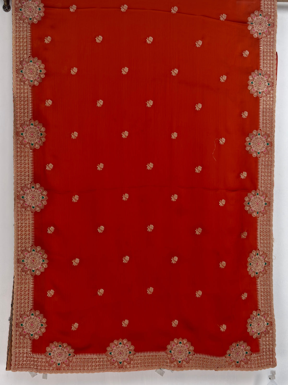 MIMOSA Orange Banarasi Chiffon Saree — pallu and zari work detail