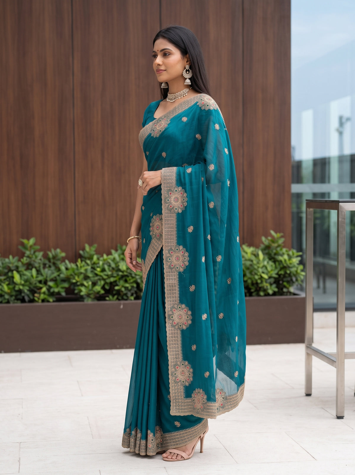 MIMOSA Sapphire Banarasi Chiffon Saree — pose 3 styling detail