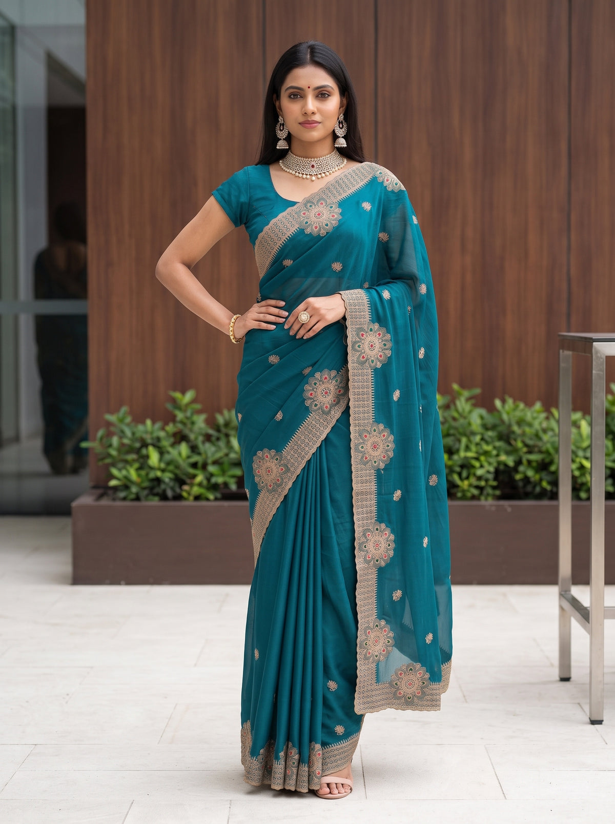 MIMOSA Sapphire Banarasi Chiffon Saree — pose 4 styling detail
