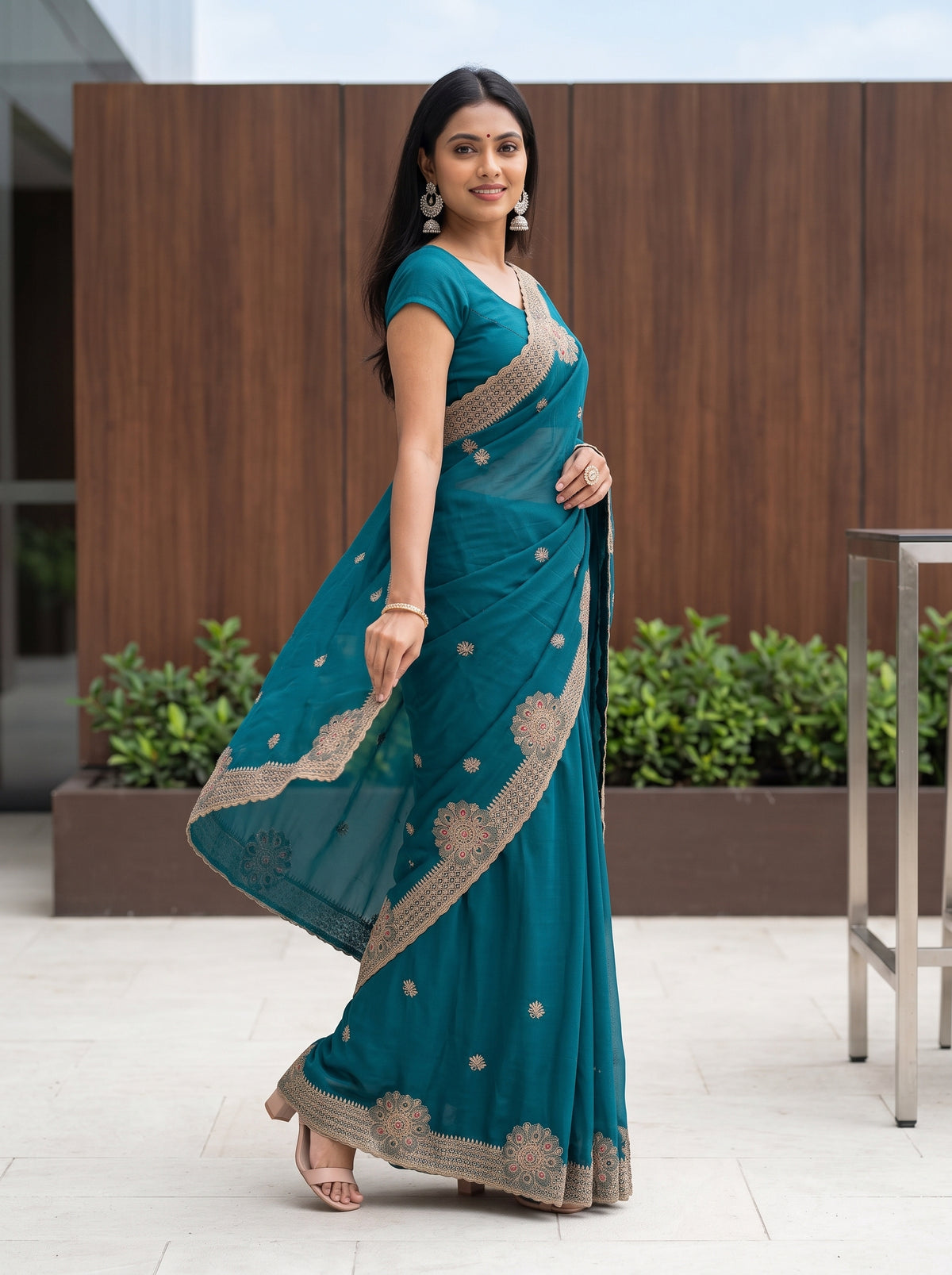 MIMOSA Sapphire Banarasi Chiffon Saree — pose 9 styling detail