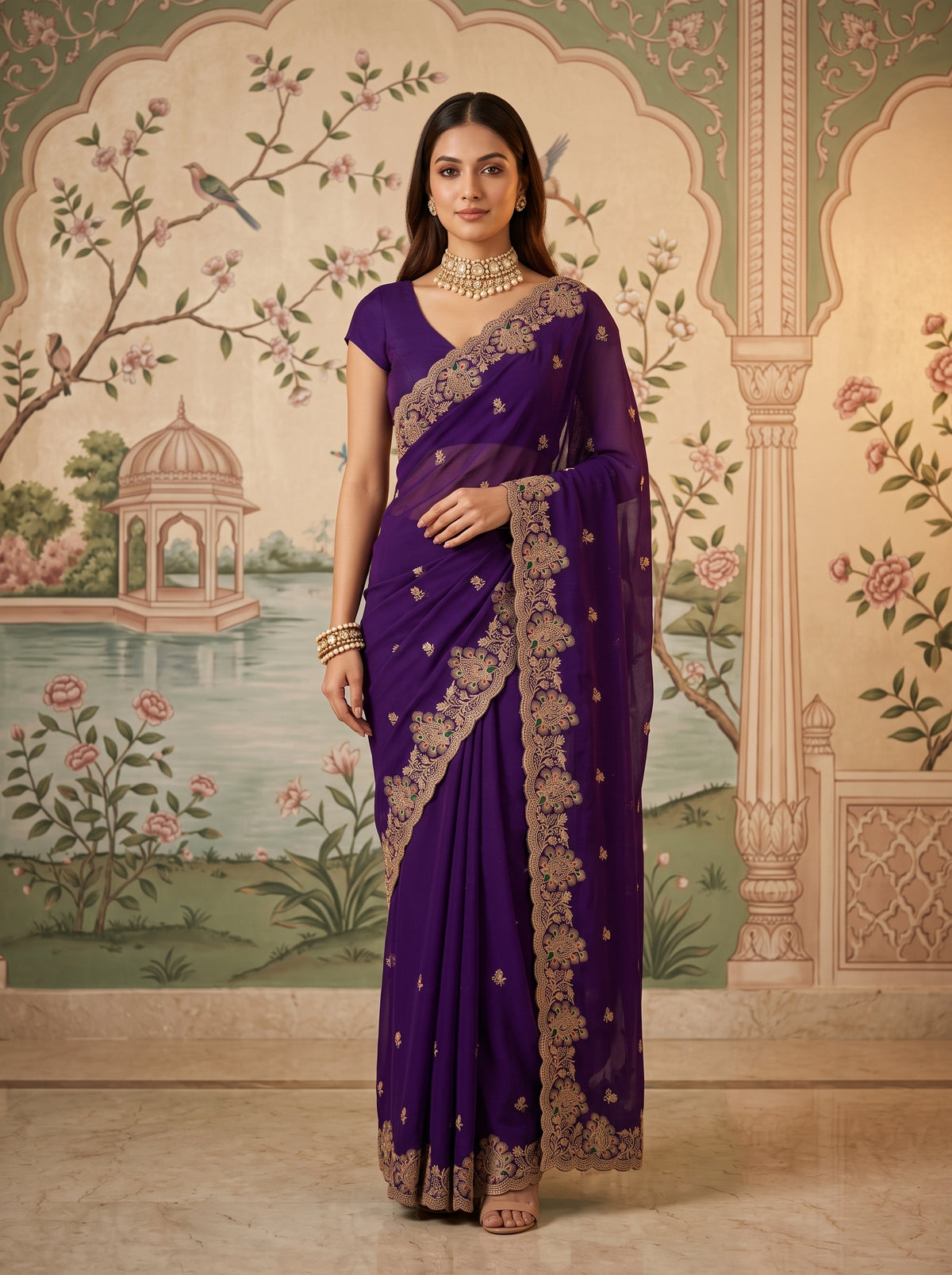 MIMOSA Purple Banarasi Saree — front view on mannequin