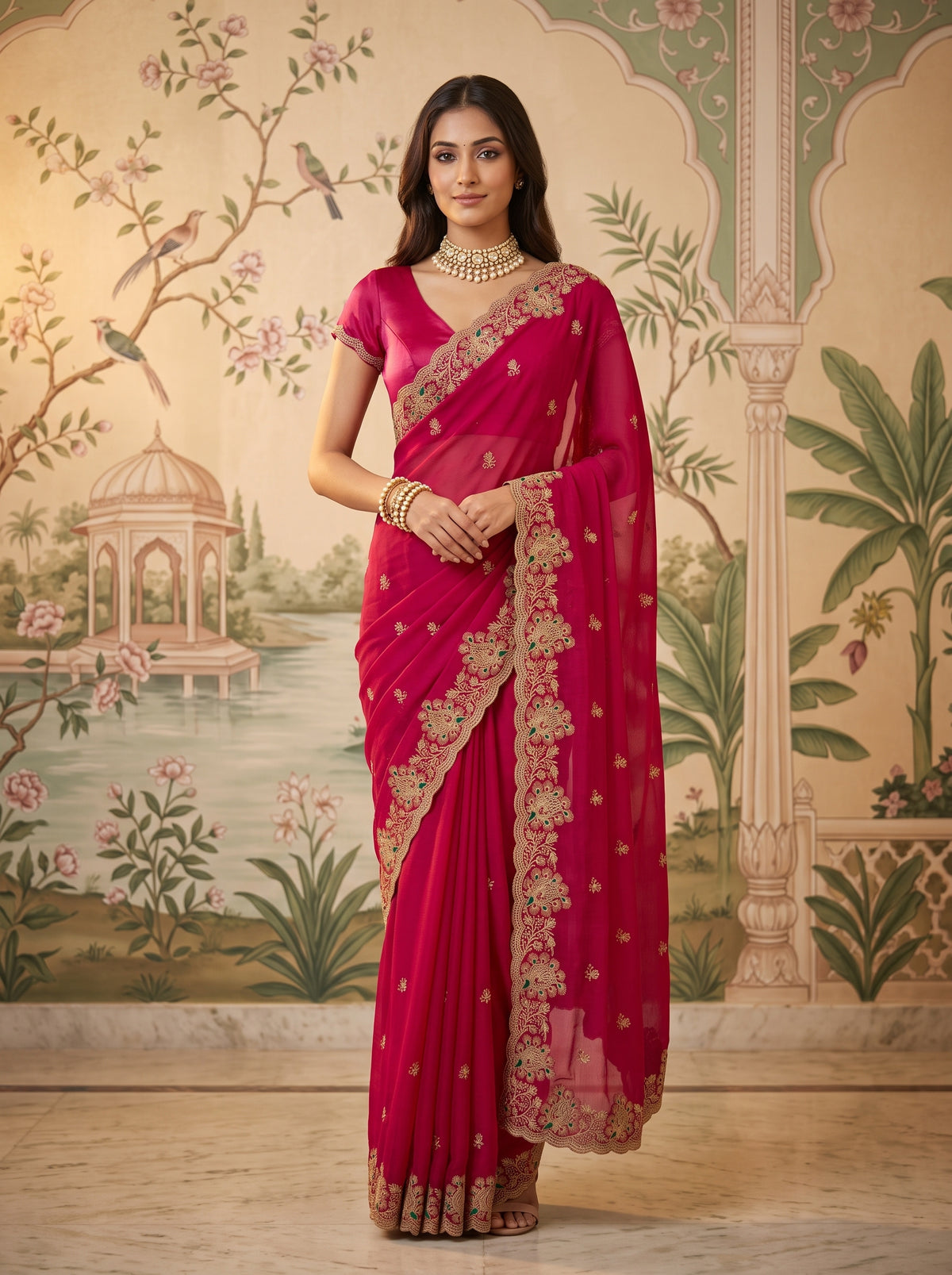 MIMOSA Rani Banarasi Saree — front view on mannequin