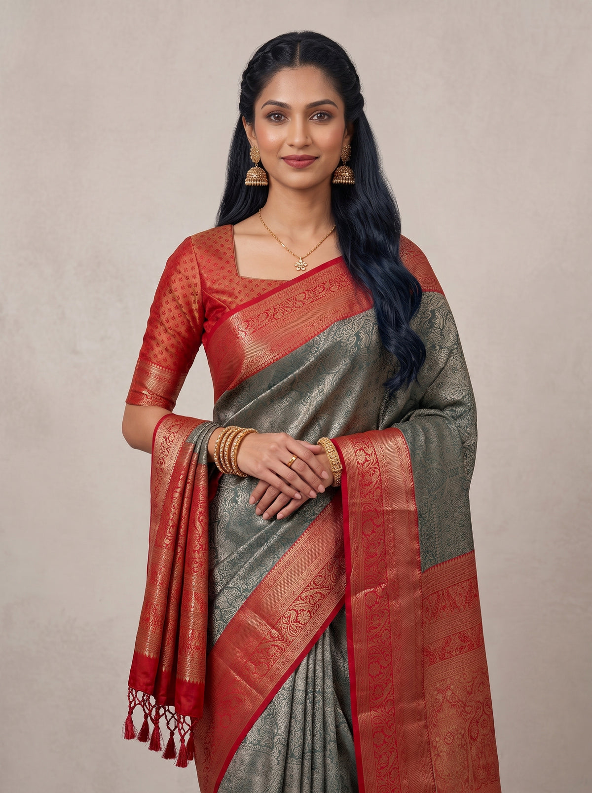 MIMOSA Green Kanjivaram Art Silk Saree — pose 10 styling detail