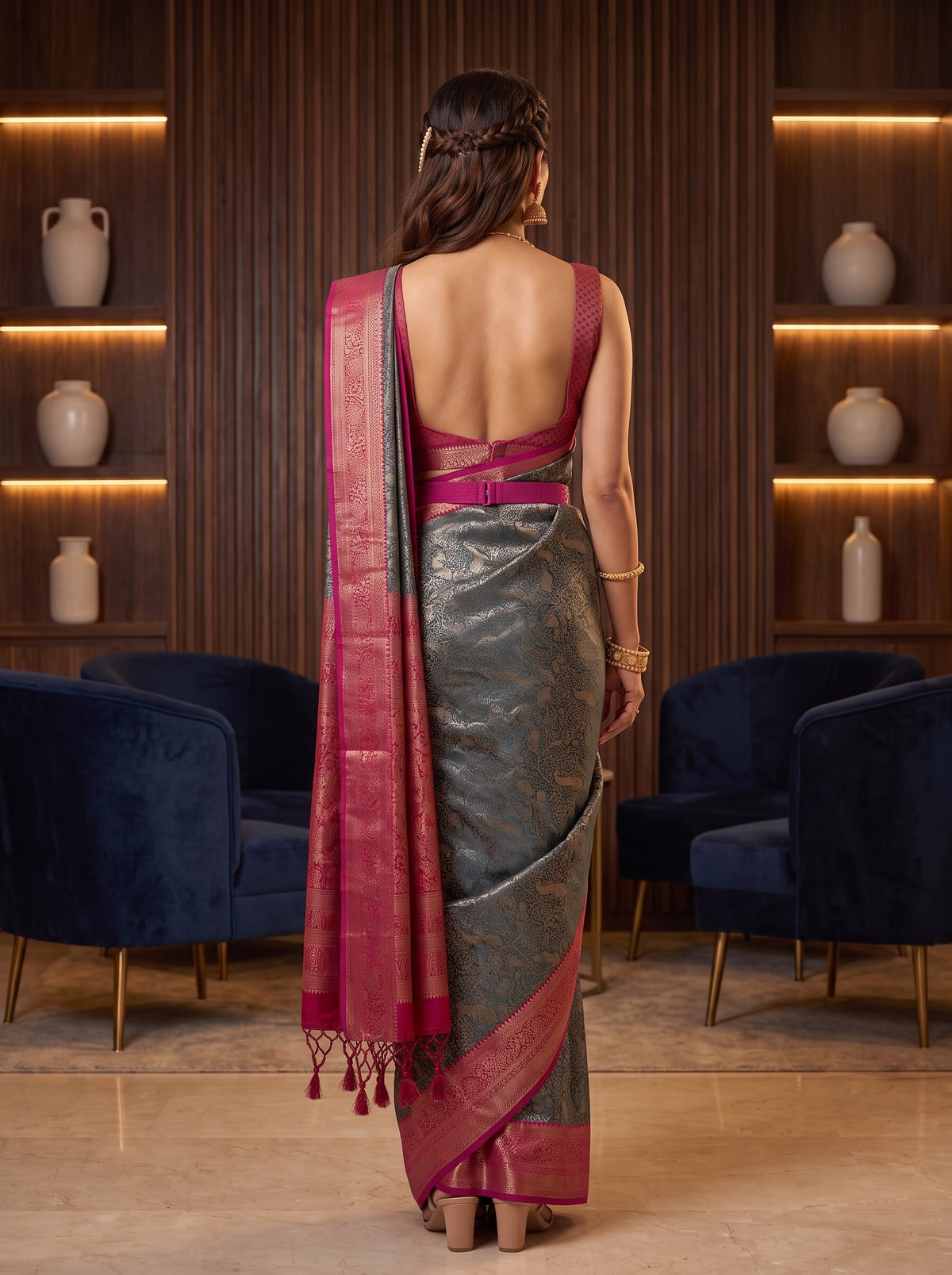 MIMOSA Navy Kanjivaram Art Silk Saree — Saree shot pallu and body