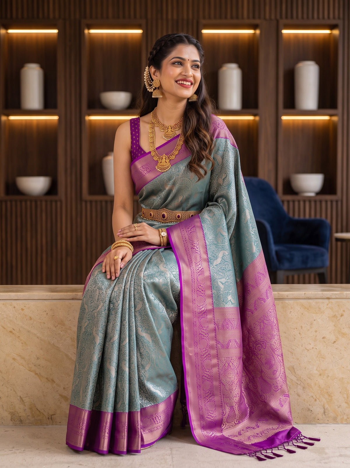 MIMOSA Sapphire Kanjivaram Saree — pose 8 styling detail