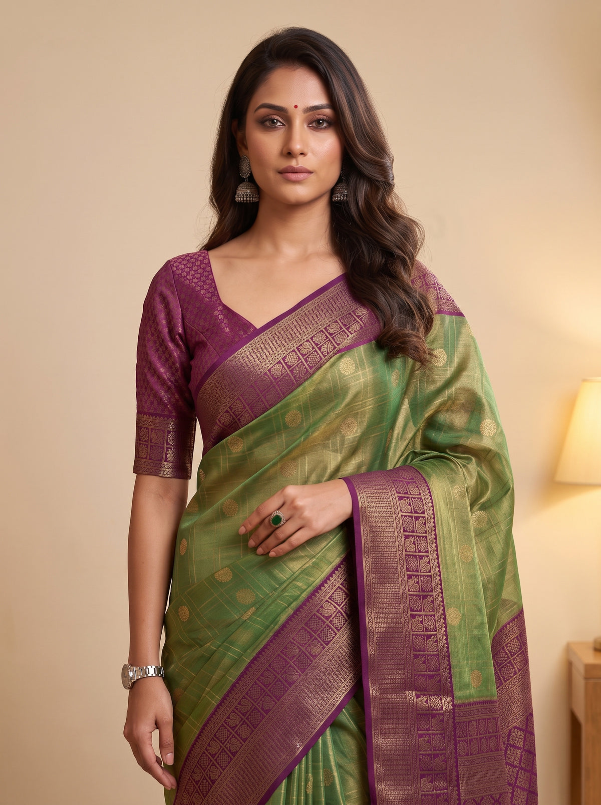 MIMOSA Green Kanjivaram Saree — pose 10 styling detail