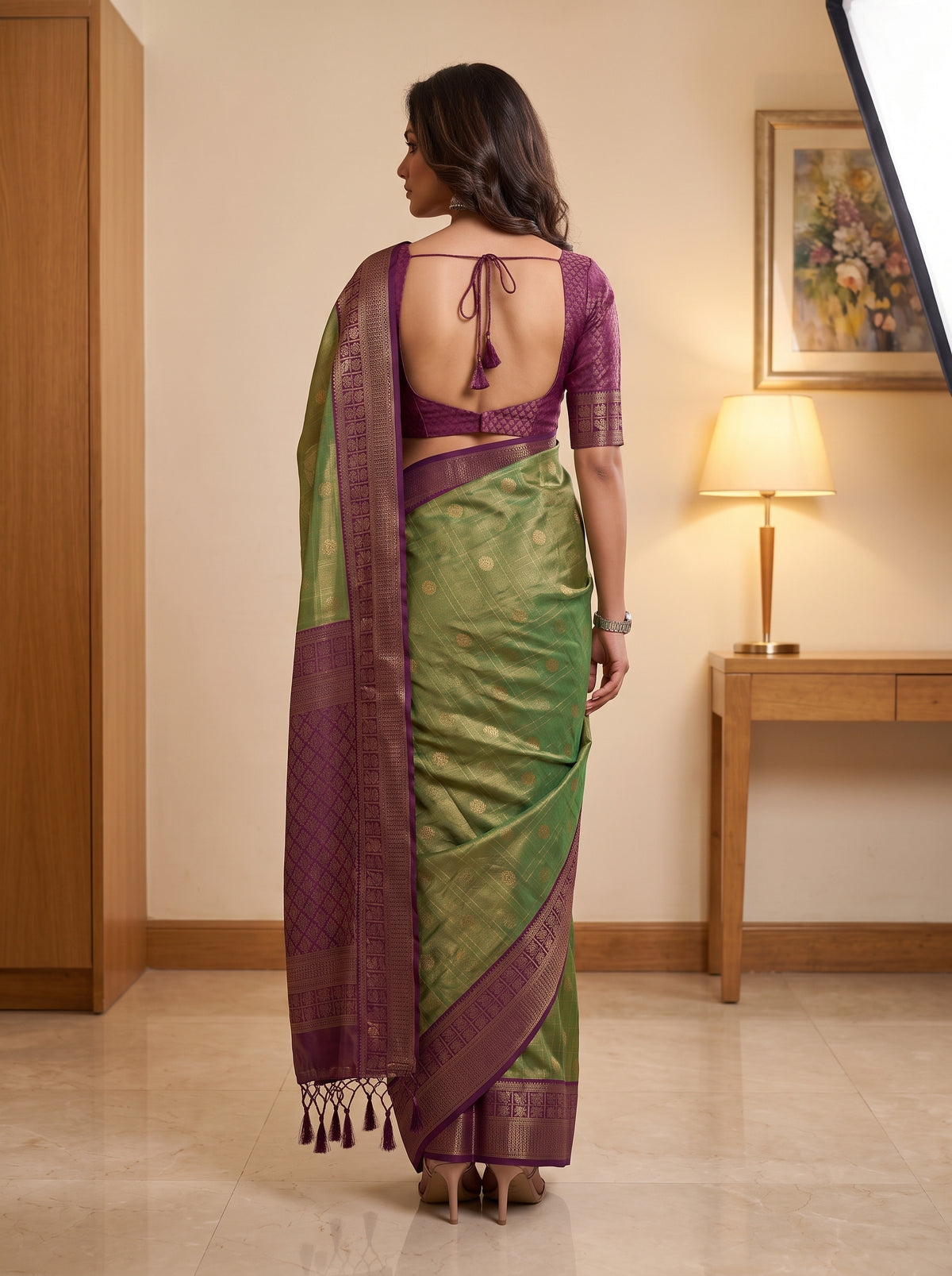 MIMOSA Green Kanjivaram Saree — pose 2 styling detail