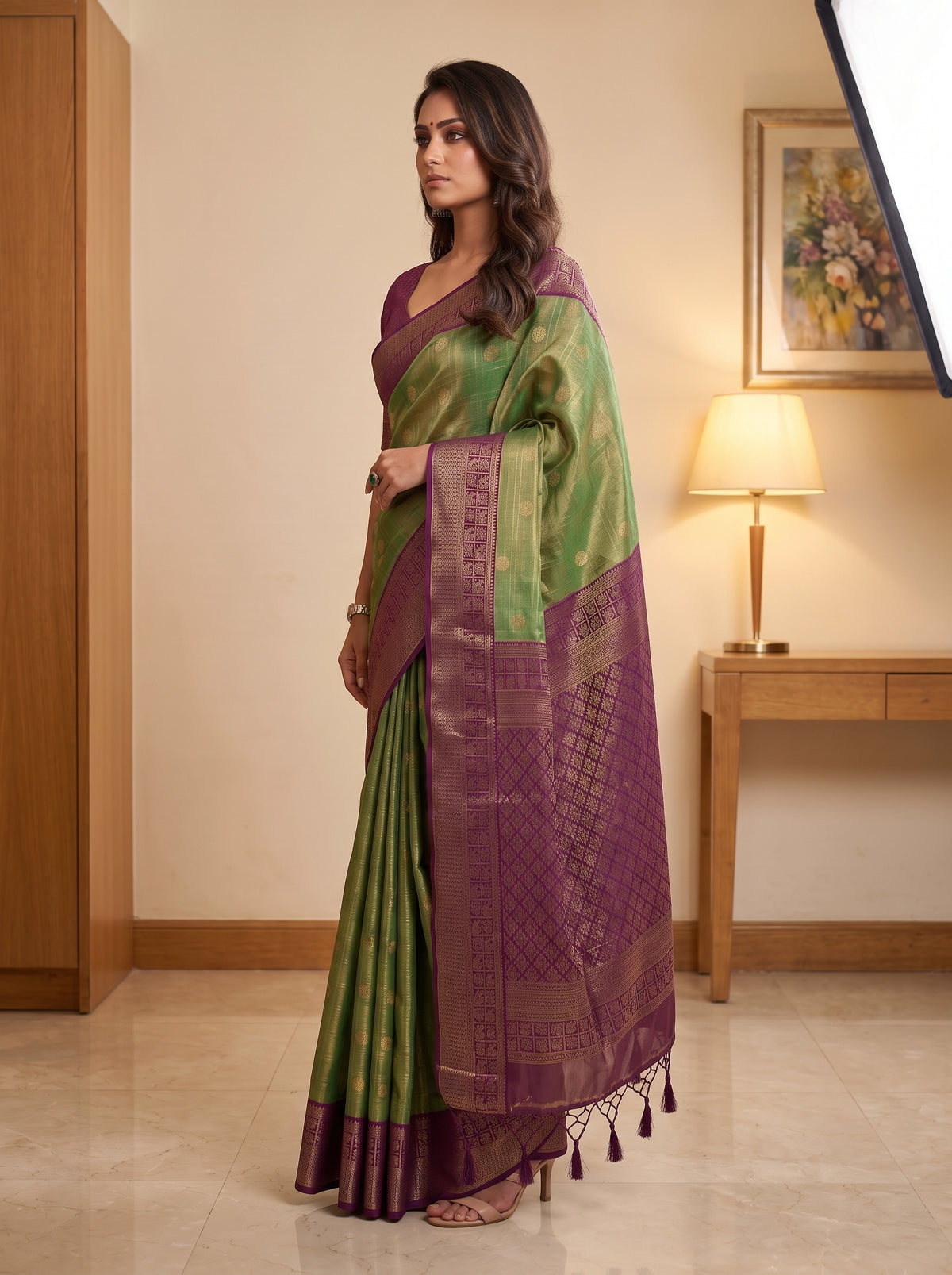 MIMOSA Green Kanjivaram Saree — pose 3 styling detail