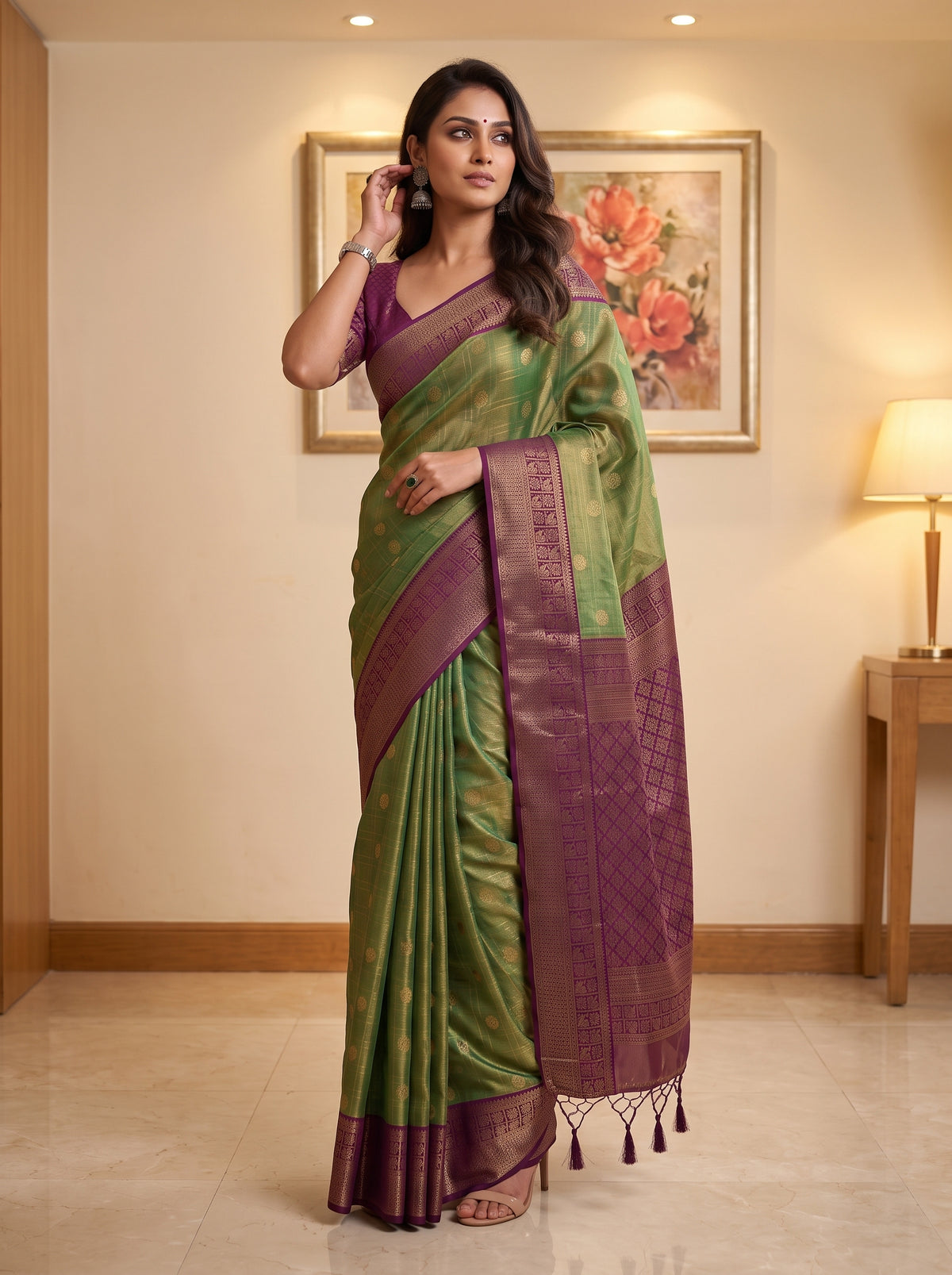 MIMOSA Green Kanjivaram Saree — pose 5 styling detail