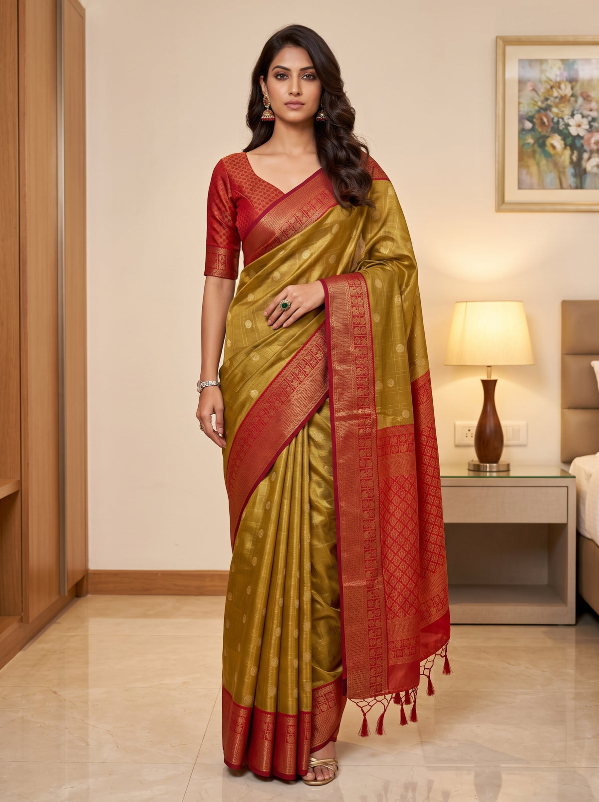 MIMOSA Mustard Kanjivaram Saree — front view on mannequin