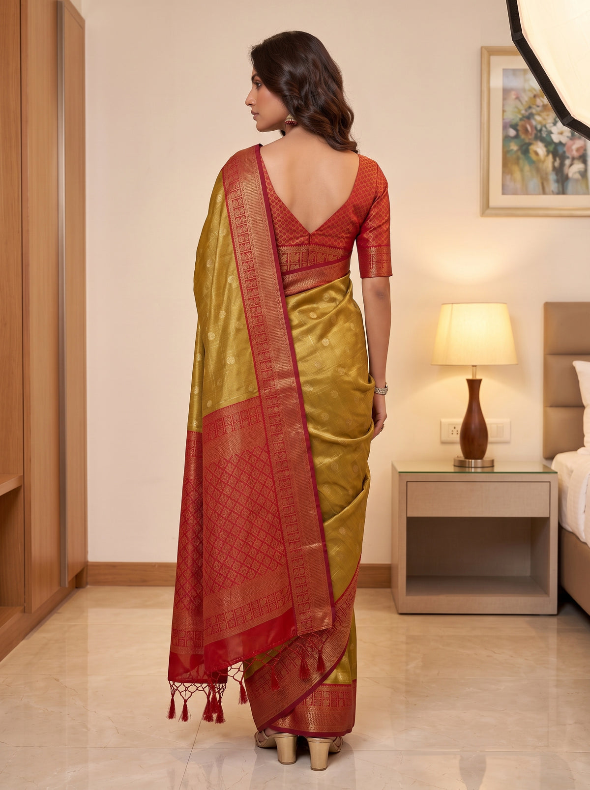 MIMOSA Mustard Kanjivaram Saree — pose 2 styling detail