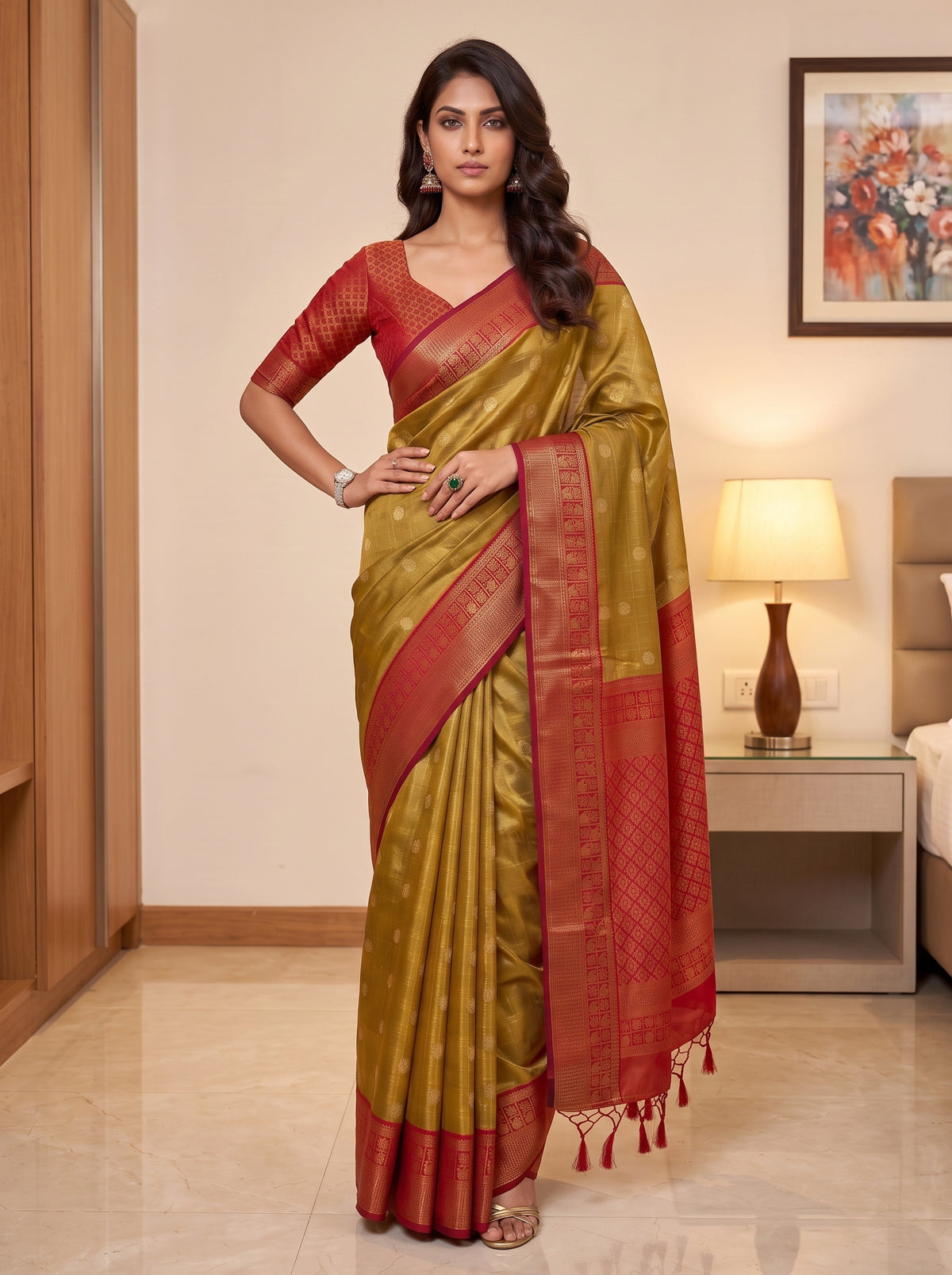 MIMOSA Mustard Kanjivaram Saree — pose 4 styling detail