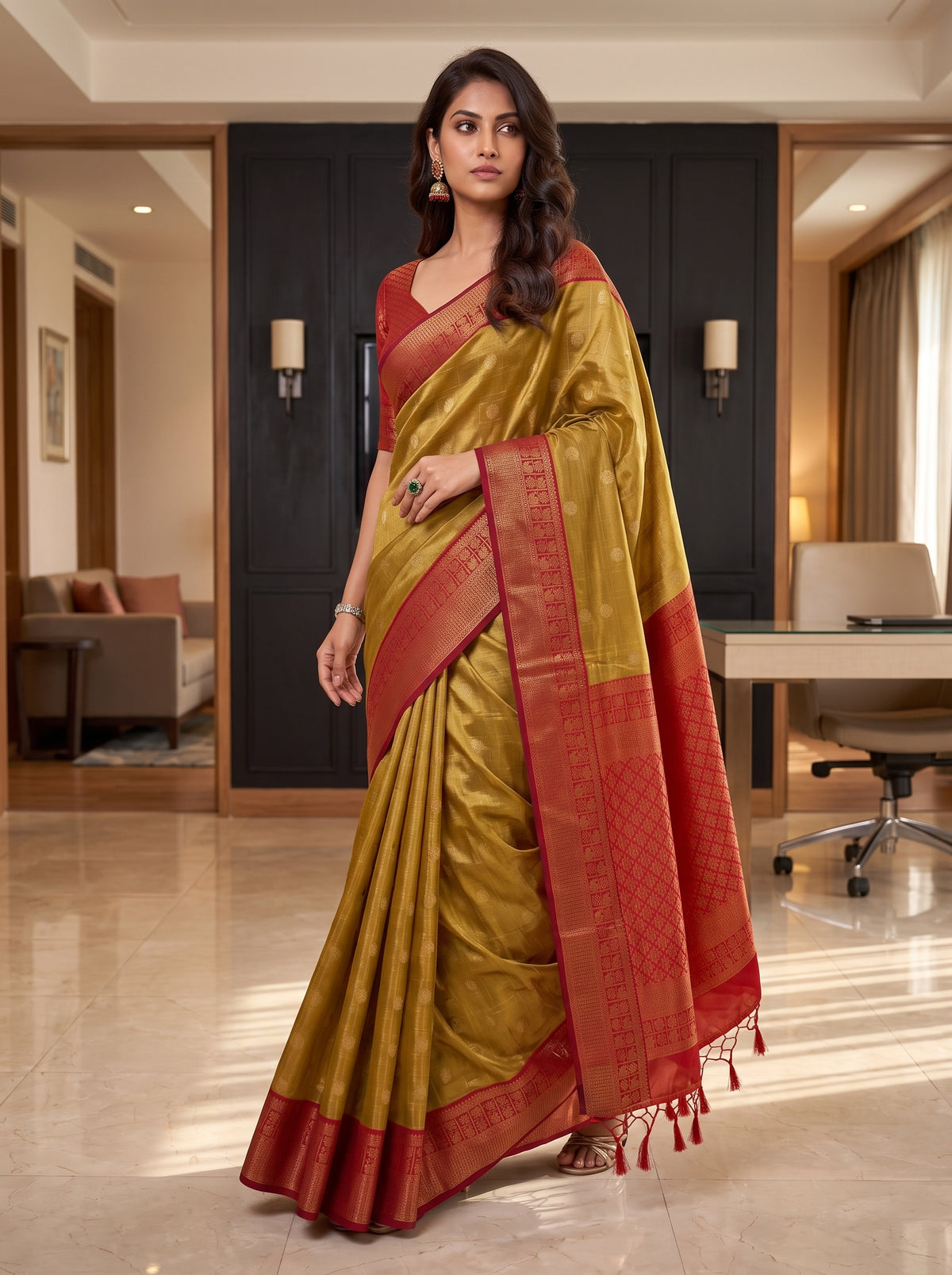 MIMOSA Mustard Kanjivaram Saree — pose 6 styling detail