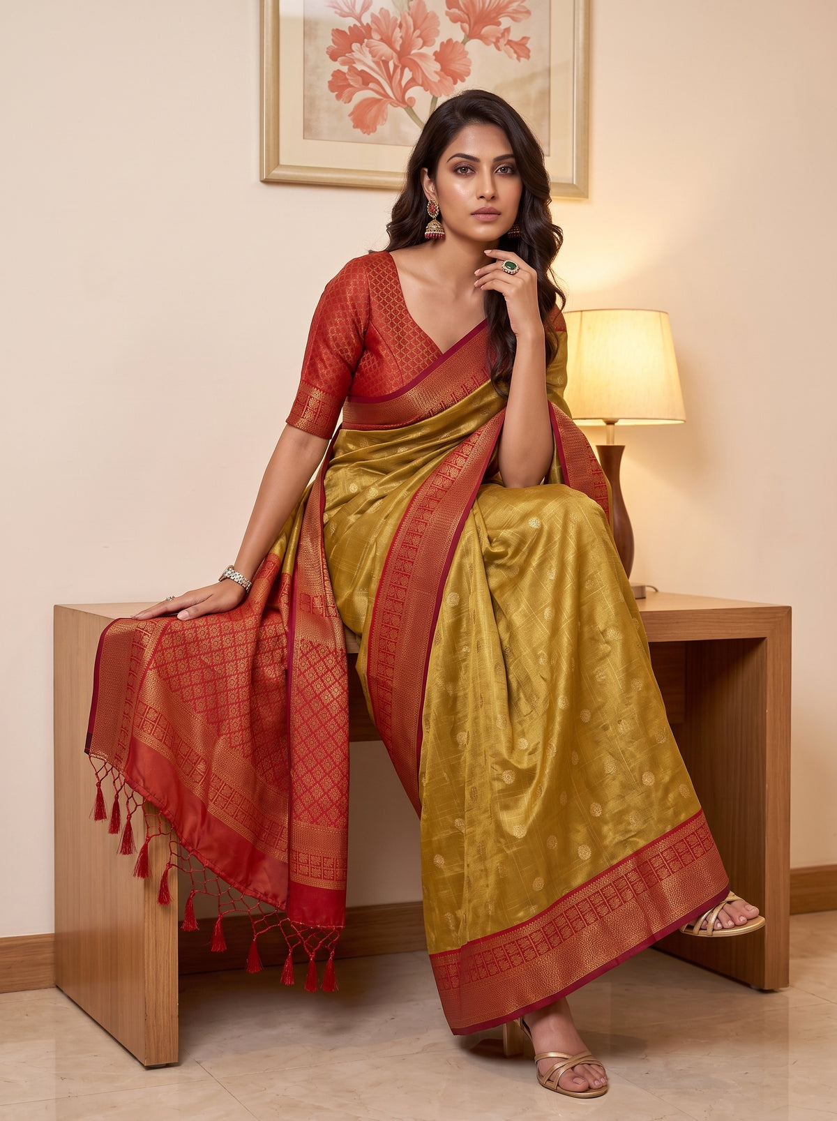 MIMOSA Mustard Kanjivaram Saree — pose 8 styling detail