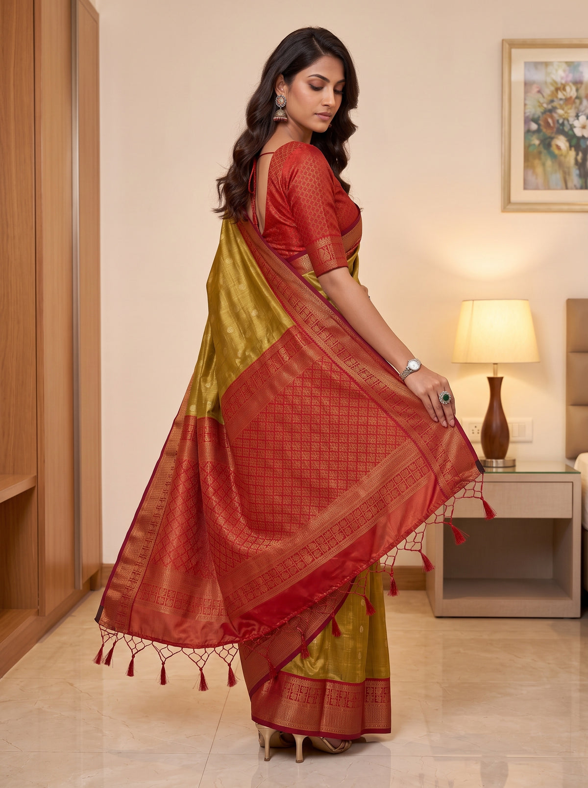 MIMOSA Mustard Kanjivaram Saree — pose 9 styling detail