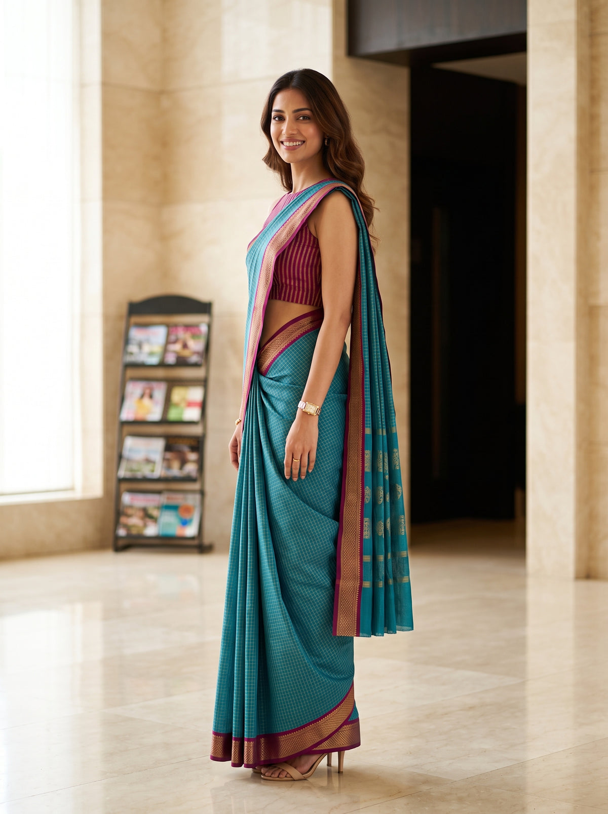 MIMOSA Ananda Maheshwari Cotton Saree — pose 3 styling detail