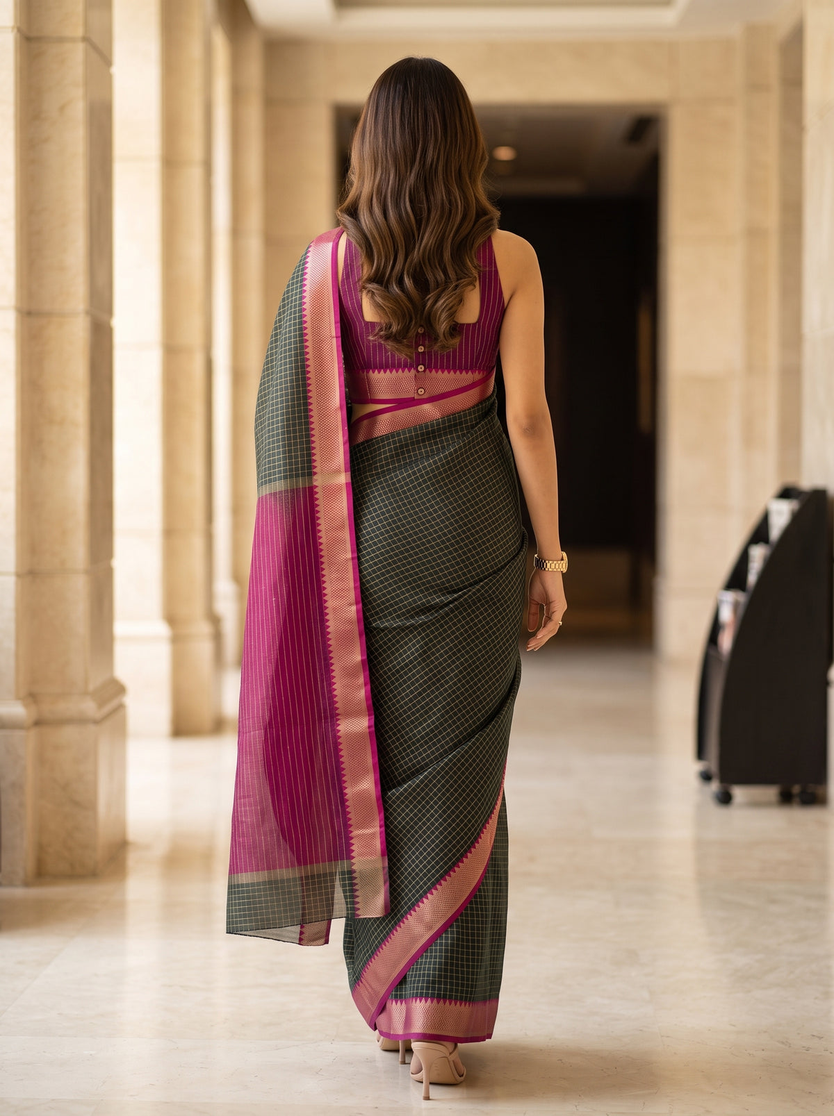 MIMOSA Bottle Green Maheshwari Cotton Saree — pose 2 styling detail
