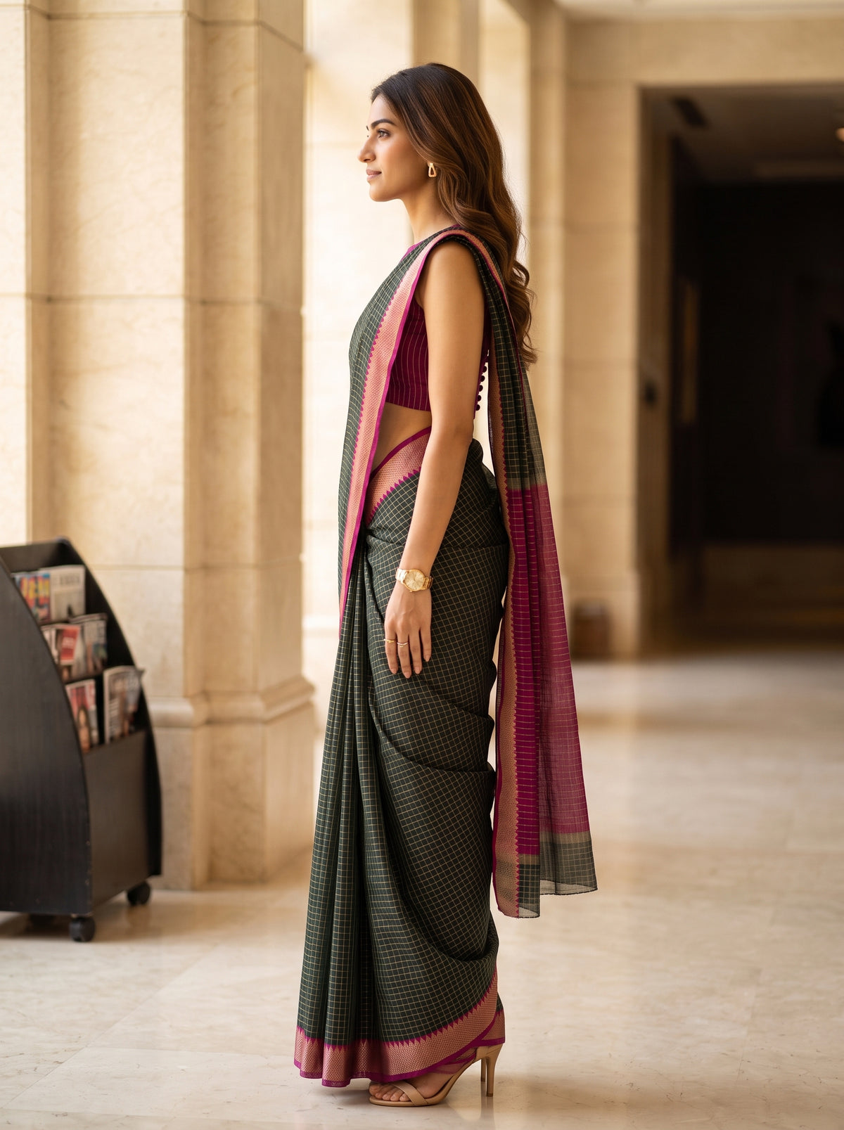 MIMOSA Bottle Green Maheshwari Cotton Saree — pose 3 styling detail