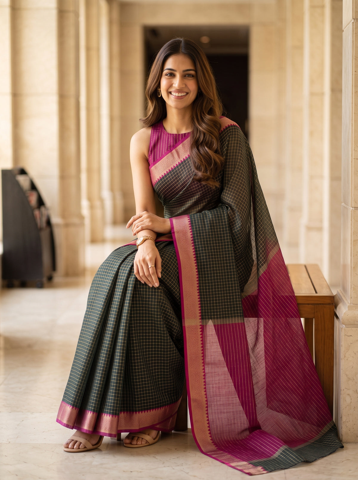 MIMOSA Bottle Green Maheshwari Cotton Saree — pose 8 styling detail