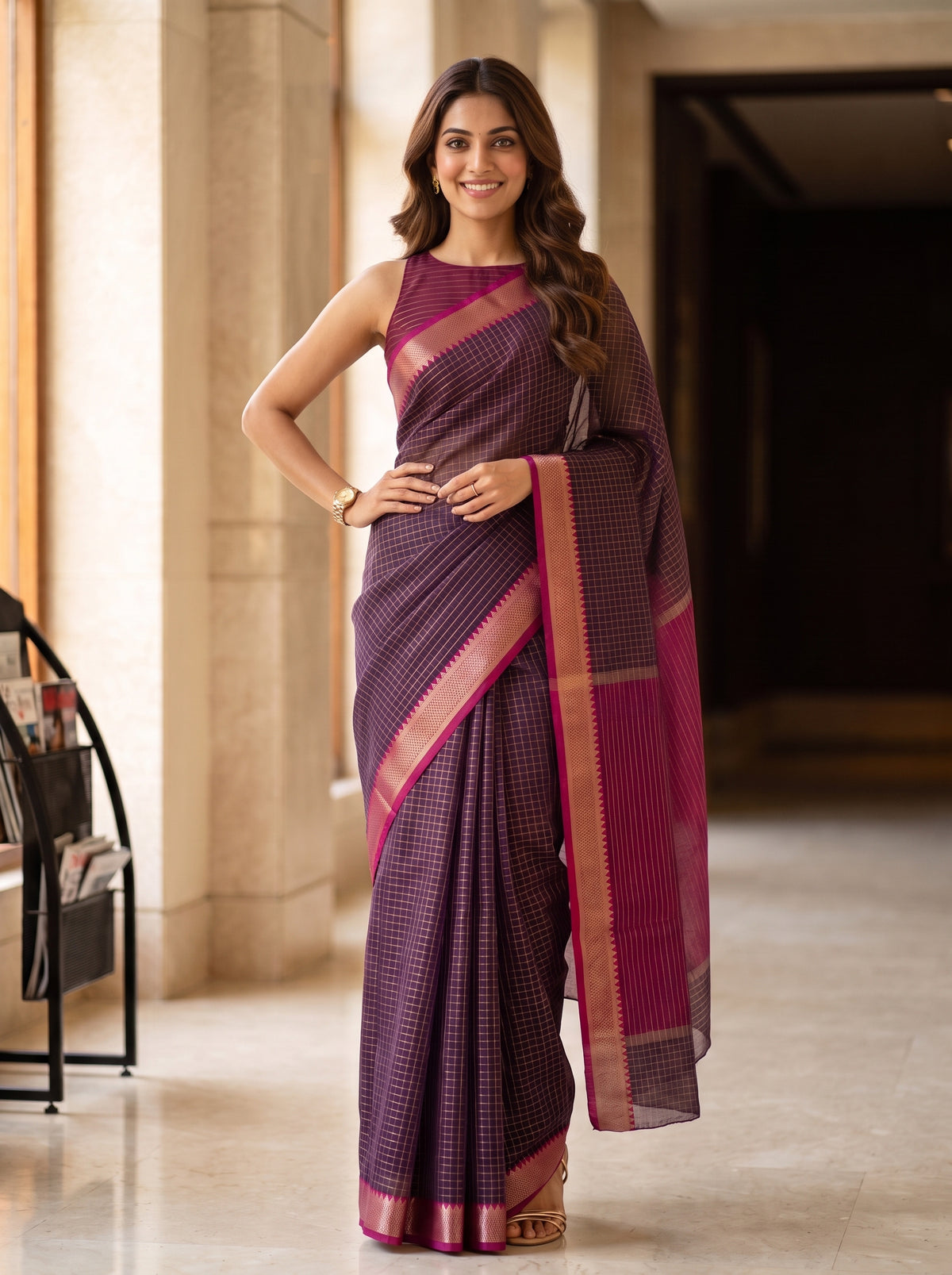 MIMOSA Chocolate Maheshwari Cotton Saree — pose 4 styling detail