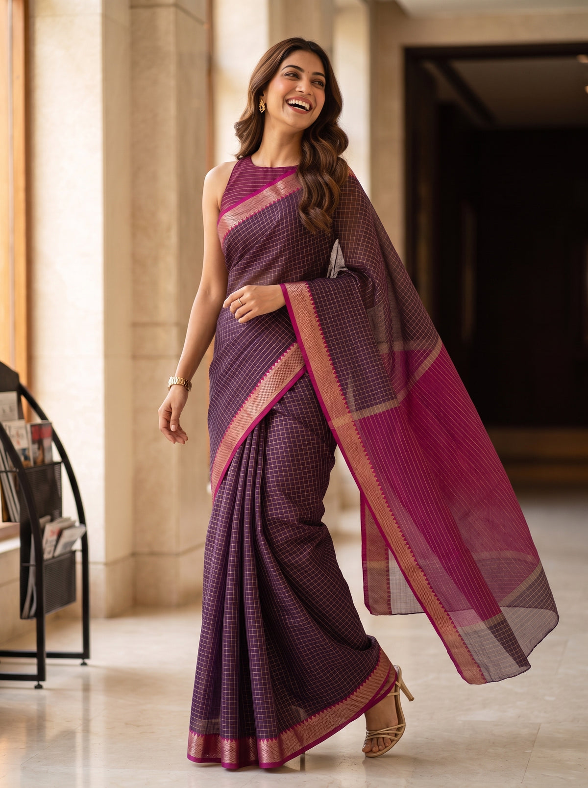 MIMOSA Chocolate Maheshwari Cotton Saree — pose 5 styling detail