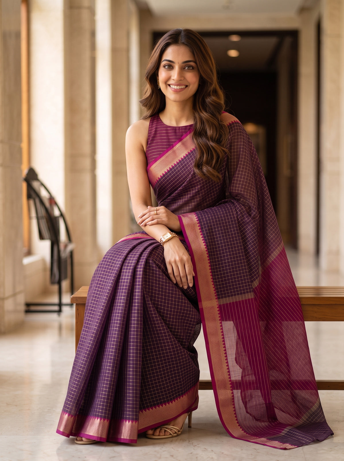 MIMOSA Chocolate Maheshwari Cotton Saree — pose 8 styling detail