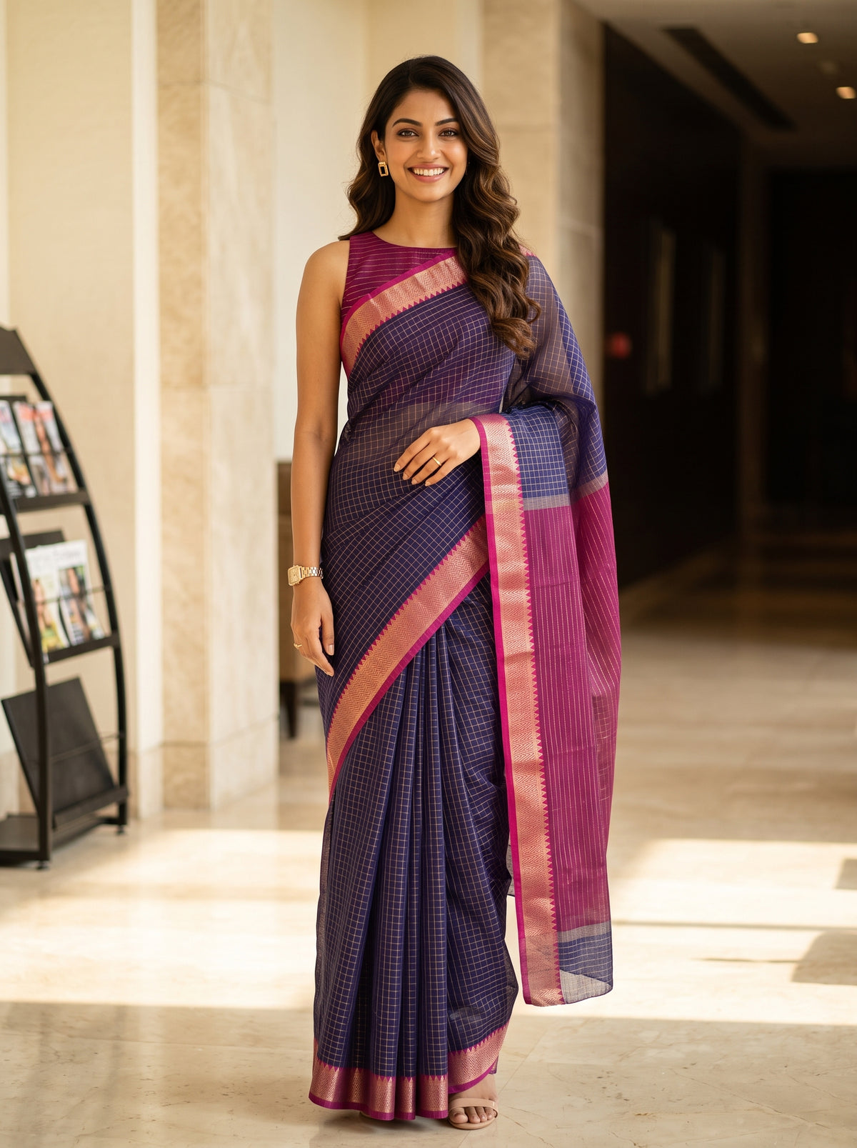 MIMOSA Jamun Maheshwari Cotton Saree — front view on mannequin
