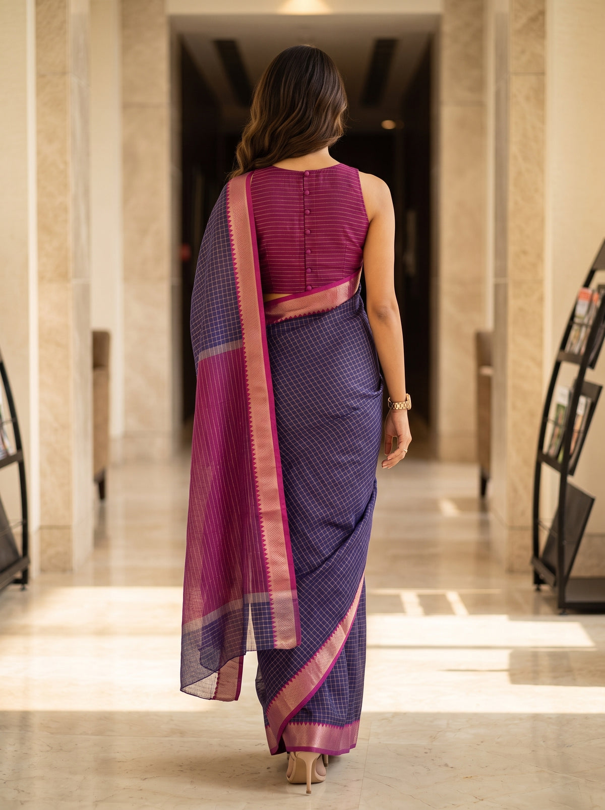 MIMOSA Jamun Maheshwari Cotton Saree — pose 2 styling detail