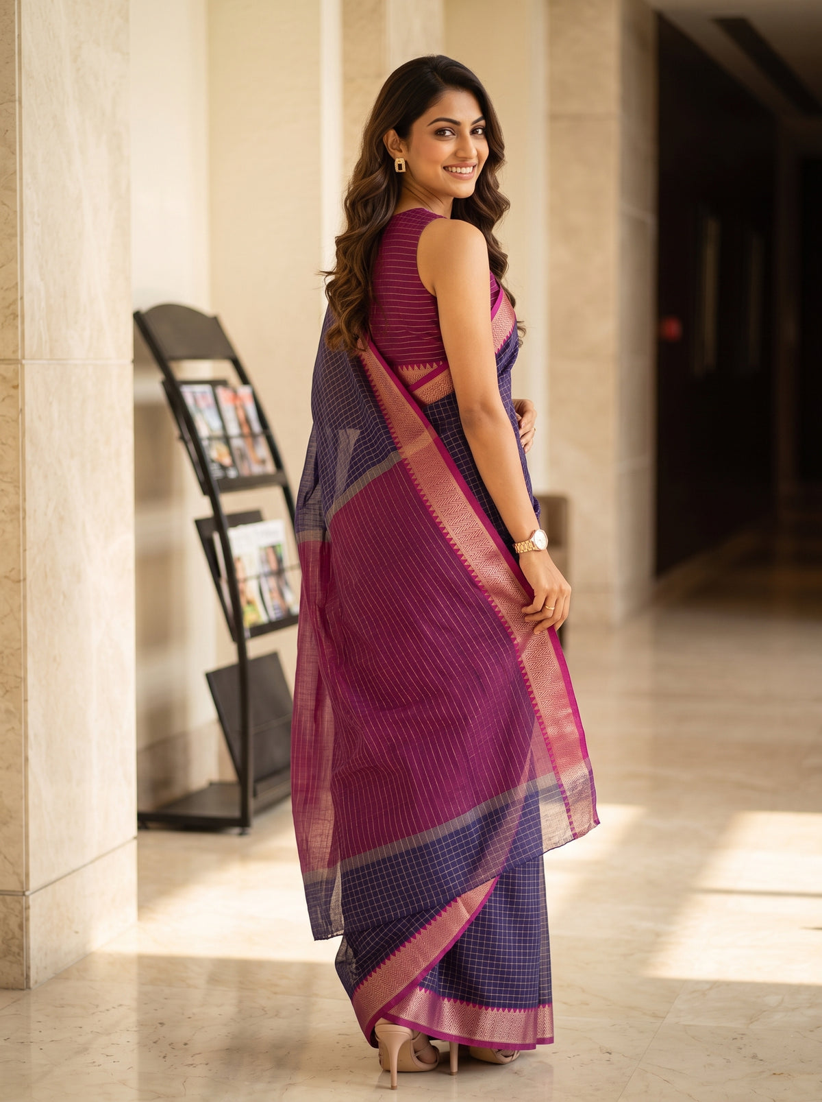 MIMOSA Jamun Maheshwari Cotton Saree — pose 7 styling detail