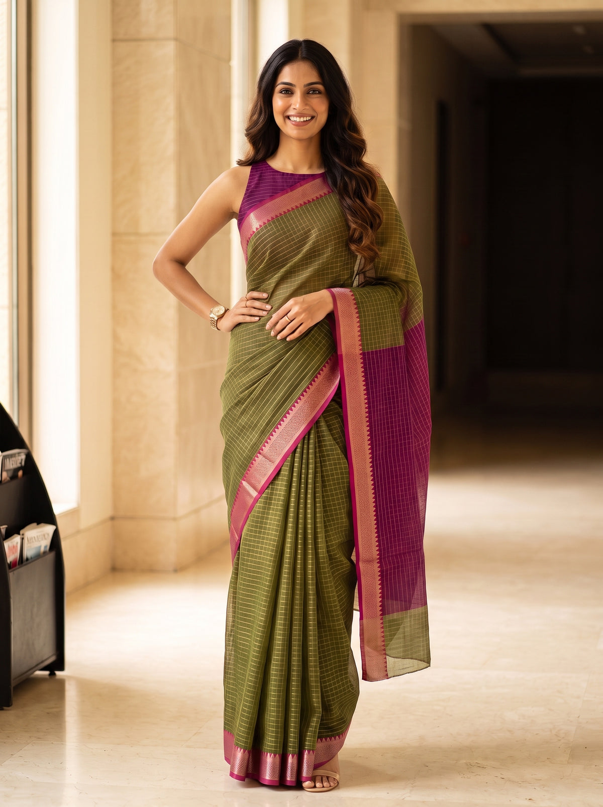 MIMOSA Olive Maheshwari Cotton Saree — pose 4 styling detail