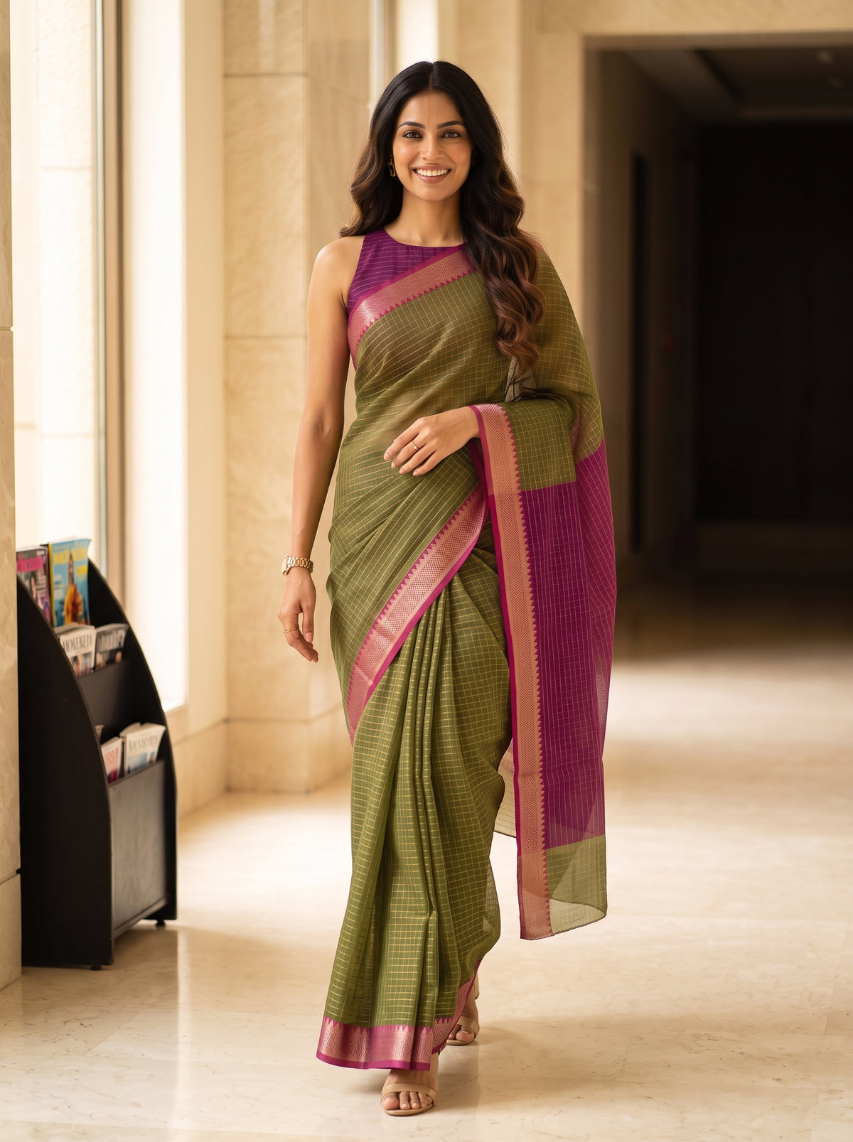 MIMOSA Olive Maheshwari Cotton Saree — pose 6 styling detail