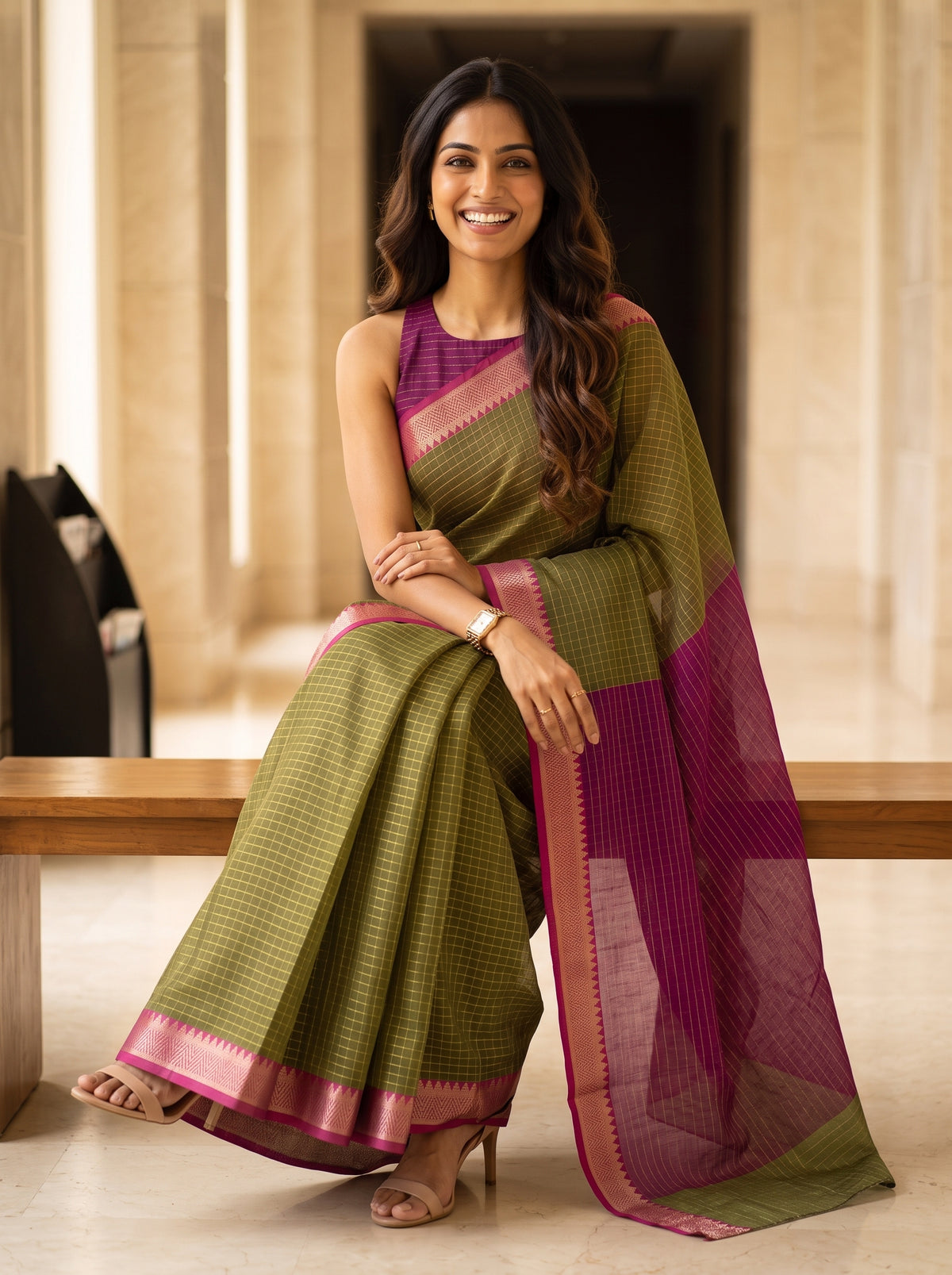 MIMOSA Olive Maheshwari Cotton Saree — pose 8 styling detail