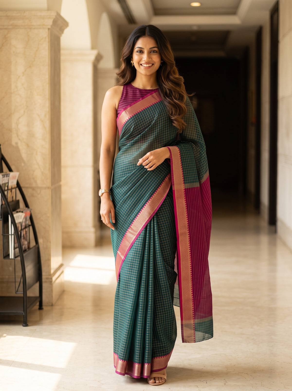 MIMOSA Rama Maheshwari Cotton Saree — front view on mannequin