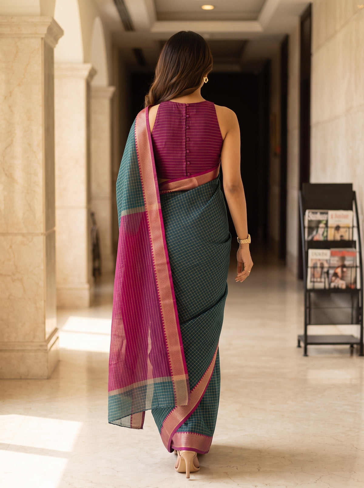 MIMOSA Rama Maheshwari Cotton Saree — pose 2 styling detail