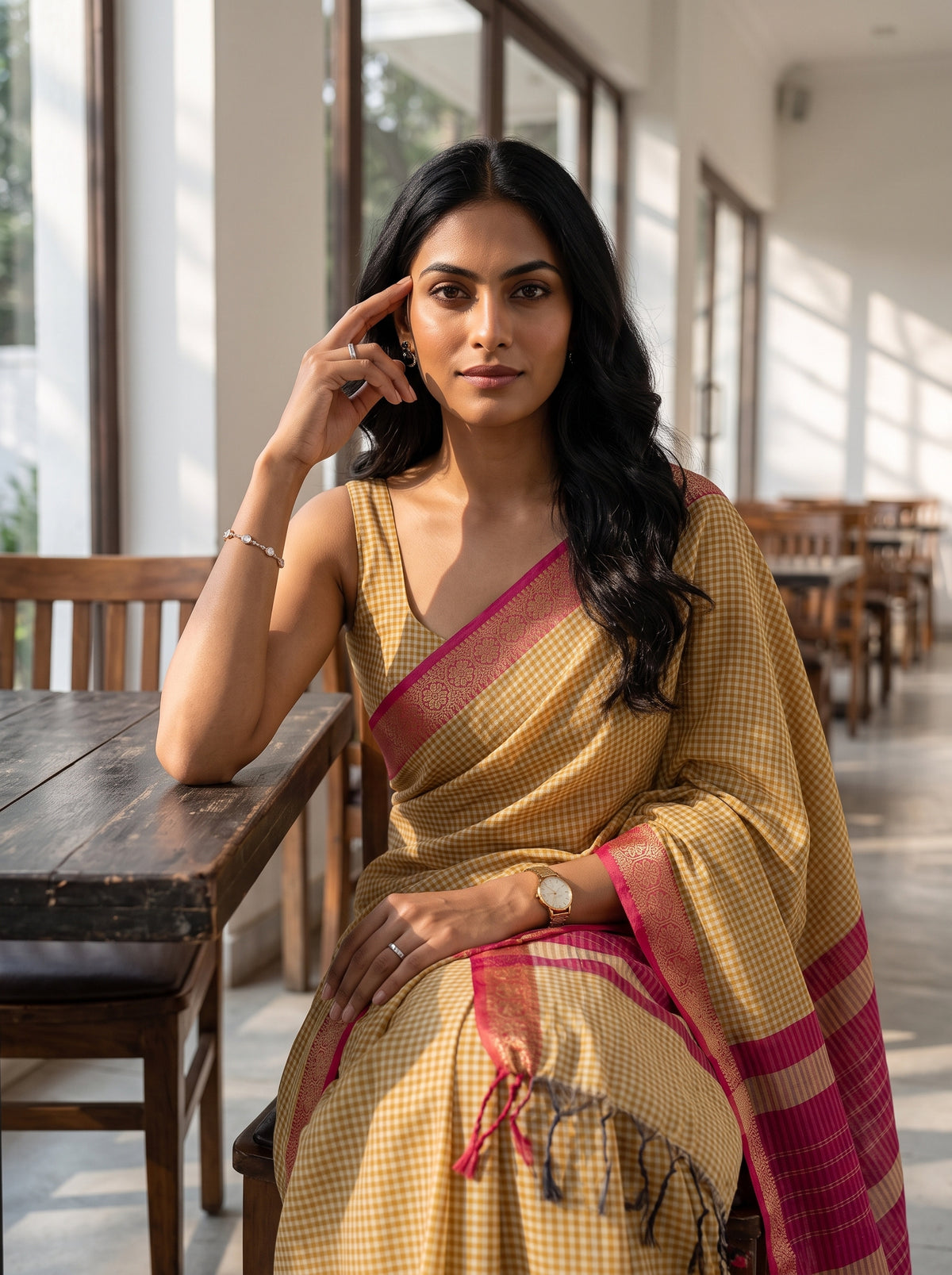 MIMOSA Gold Maheshwari Cotton Cotton Saree — pose 10 styling detail