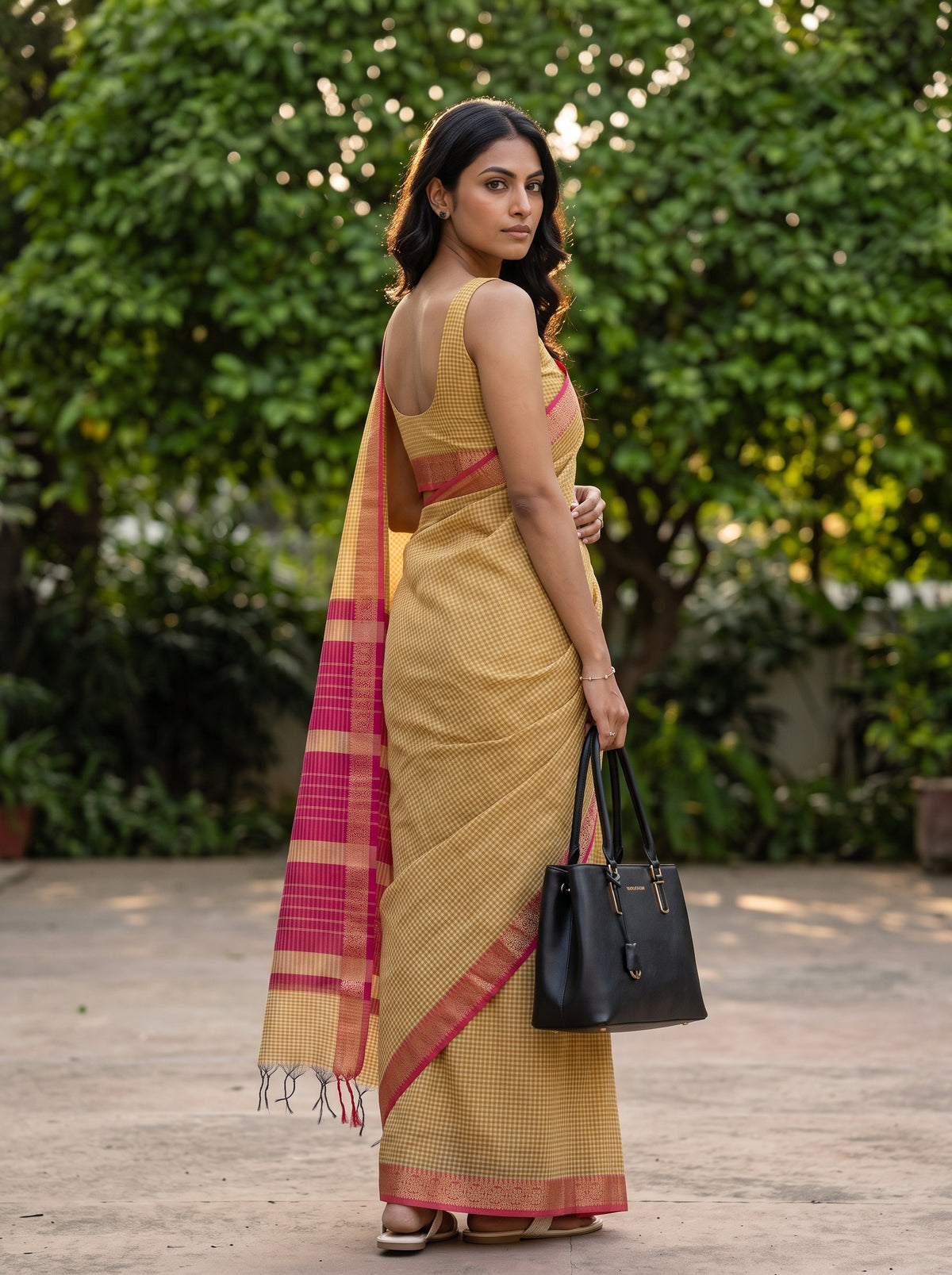 MIMOSA Gold Maheshwari Cotton Cotton Saree — pose 7 styling detail
