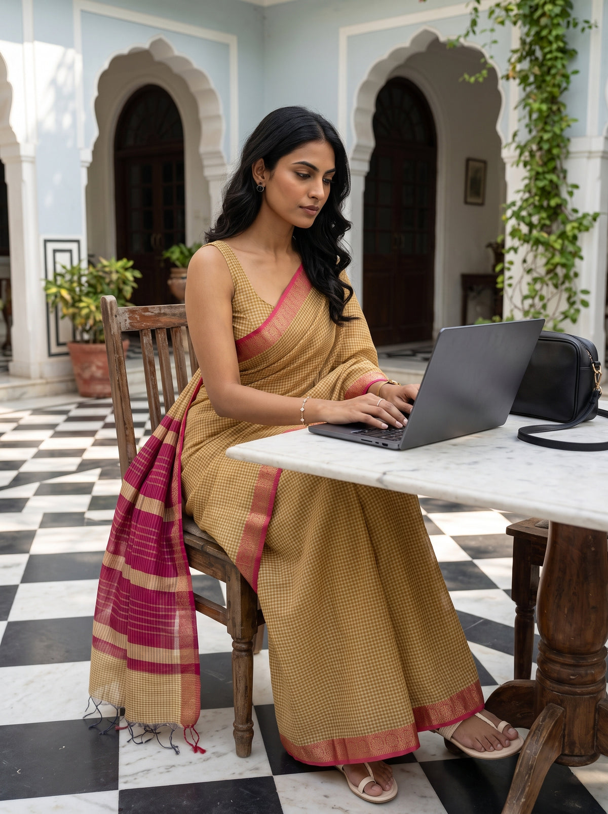 MIMOSA Gold Maheshwari Cotton Cotton Saree — pose 8 styling detail